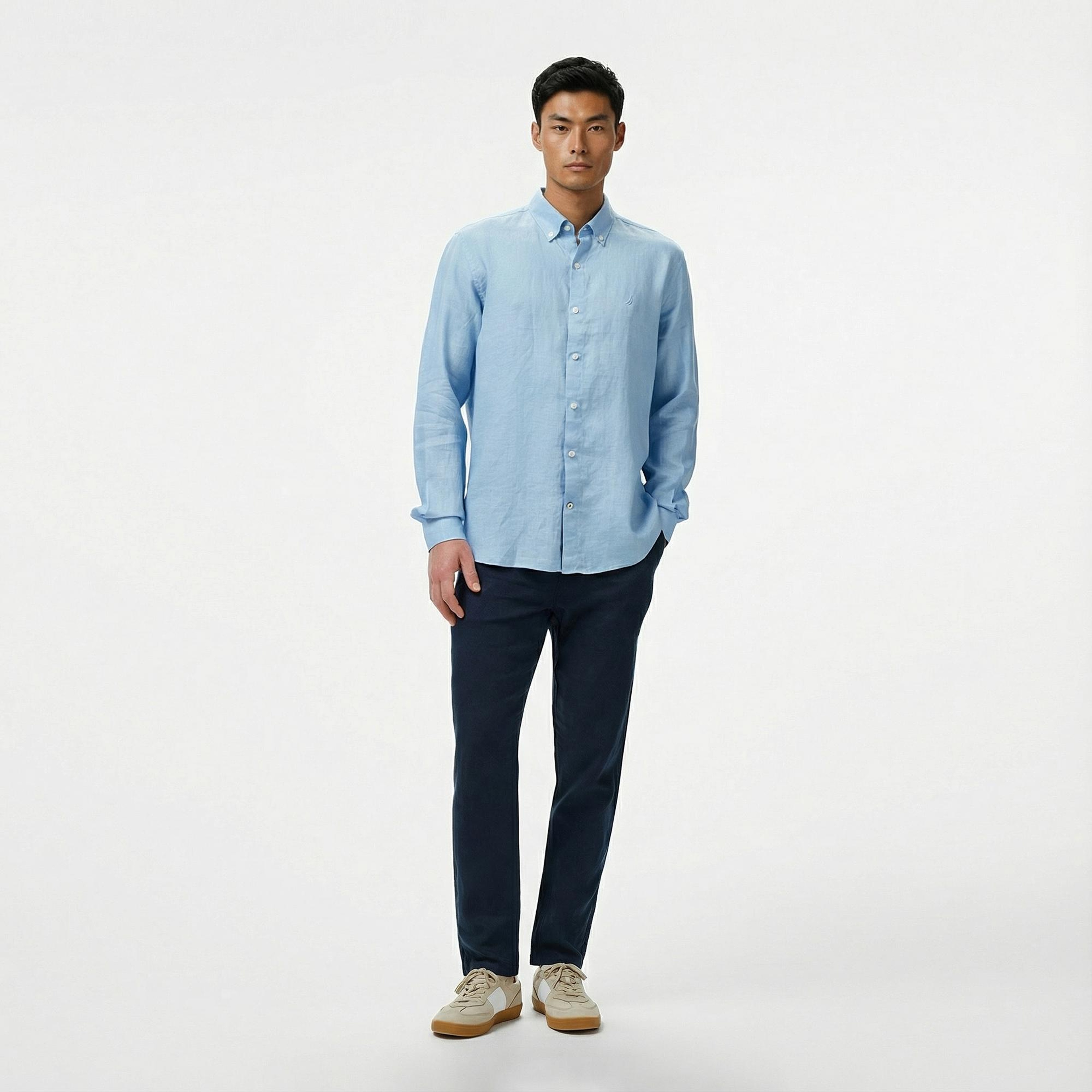 Nautica Erkek Mavi Classic Fit Keten Gömlek