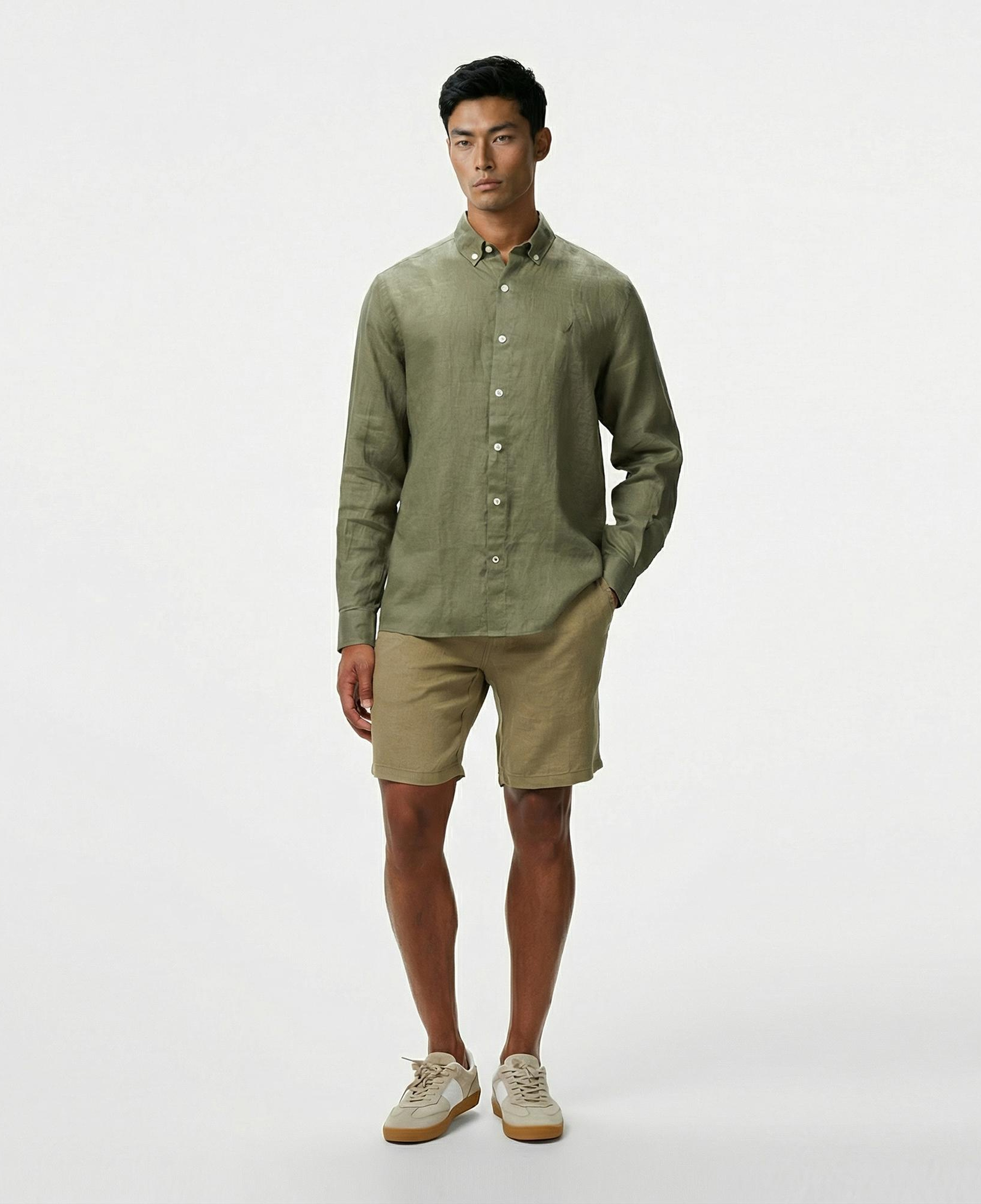 Nautica Erkek Yeşil Classic Fit Keten Gömlek