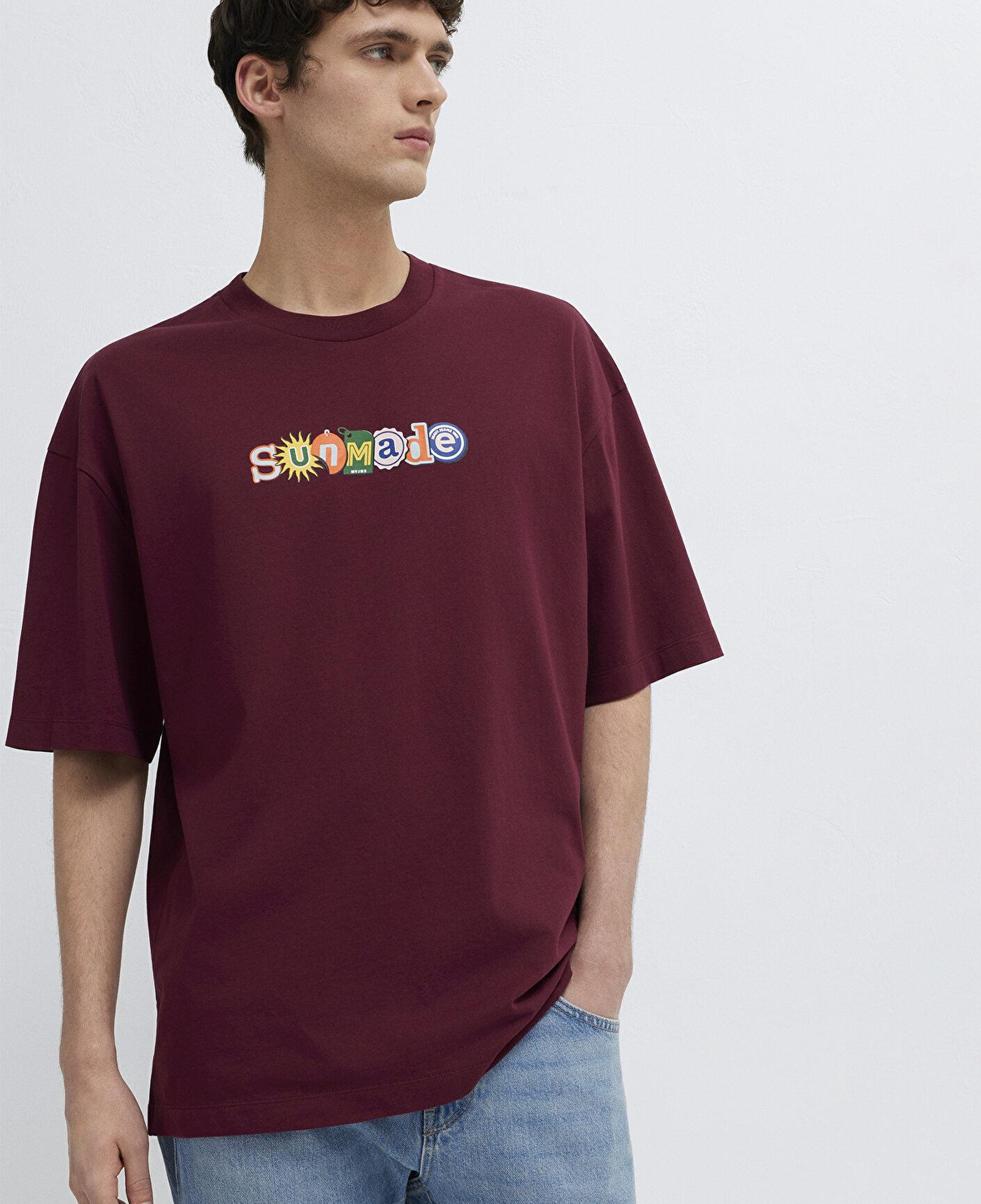 Mavi Baskılı Bordo Tişört Oversize / Geniş Kesim 0613620-70426