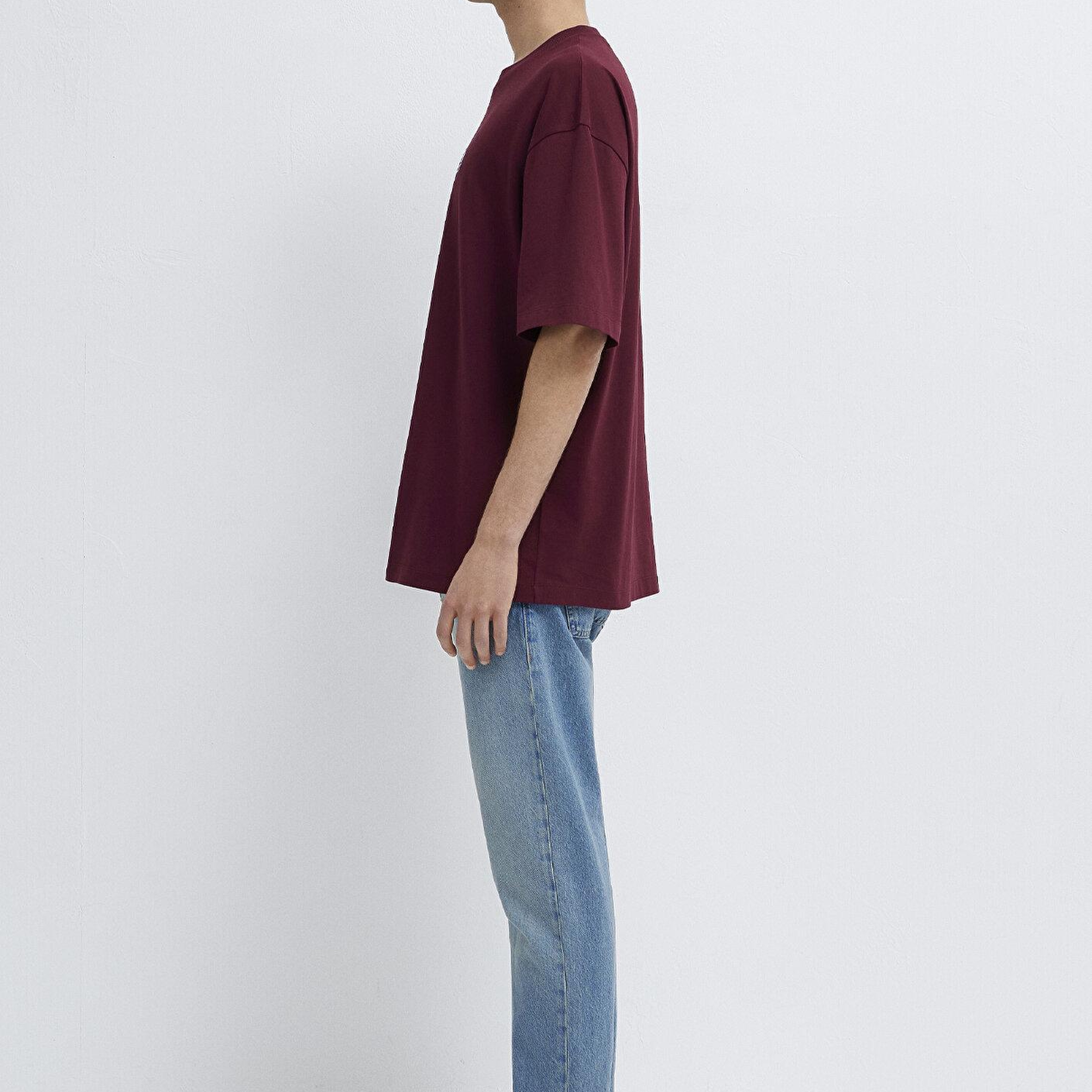 Mavi Baskılı Bordo Tişört Oversize / Geniş Kesim 0613620-70426