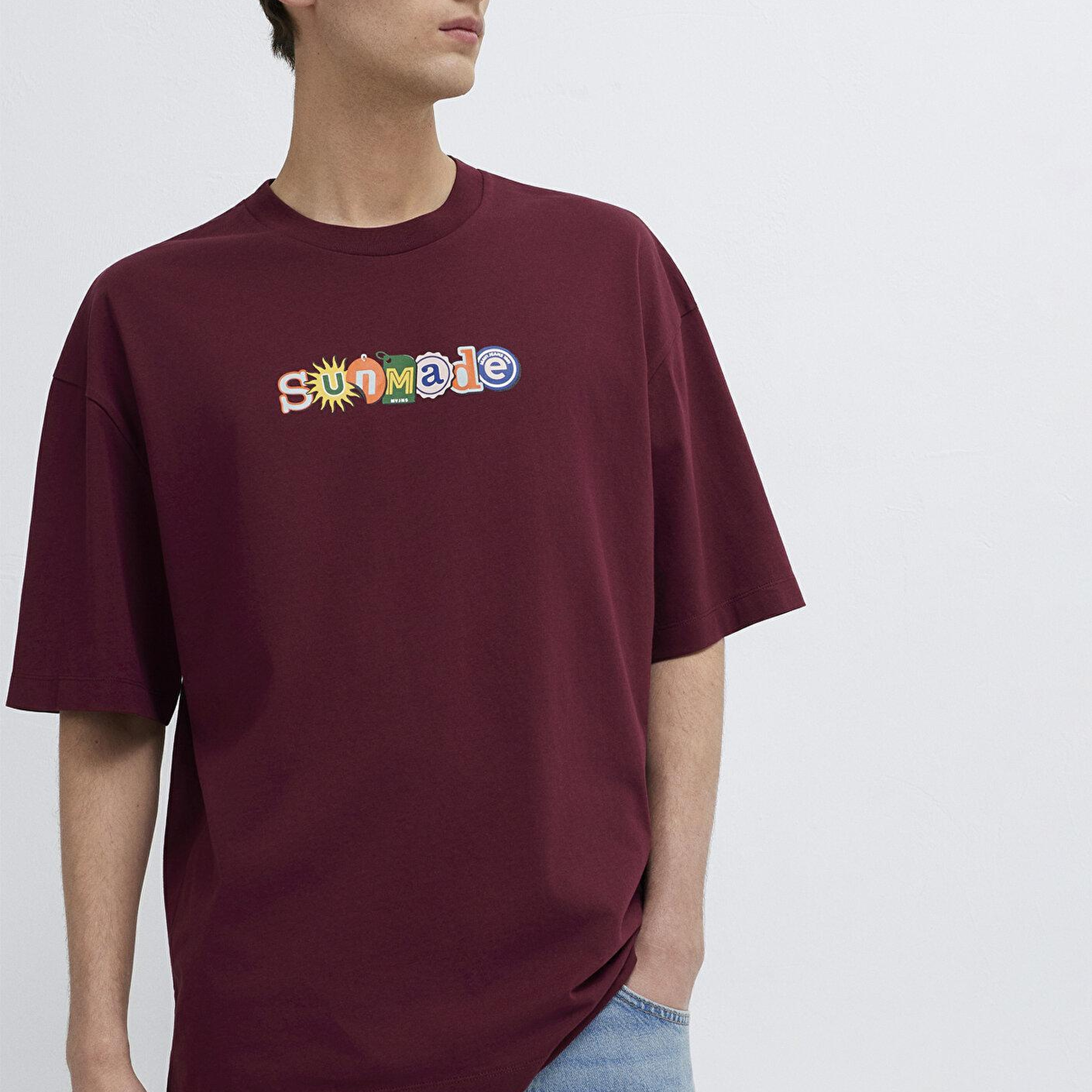 Mavi Baskılı Bordo Tişört Oversize / Geniş Kesim 0613620-70426