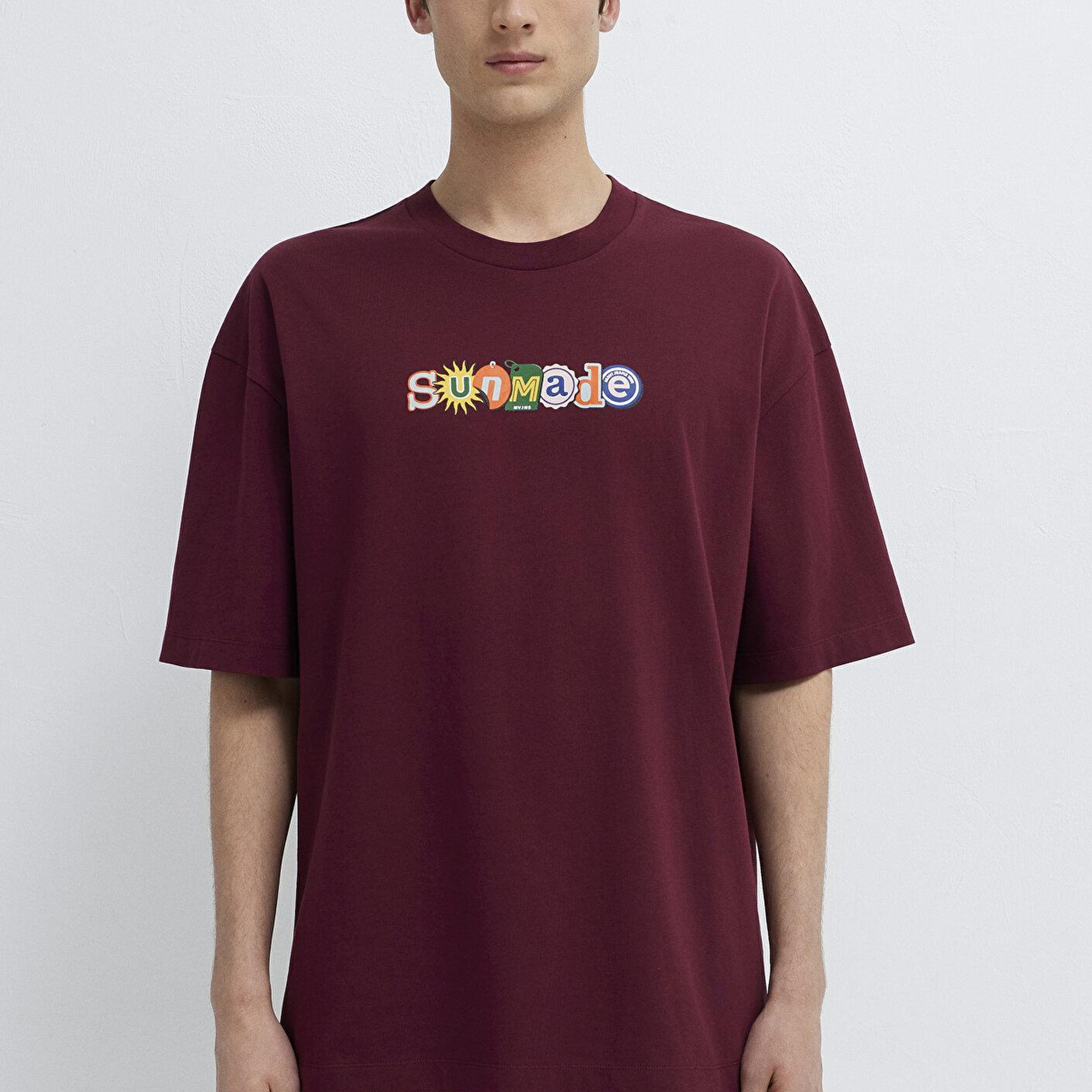 Mavi Baskılı Bordo Tişört Oversize / Geniş Kesim 0613620-70426