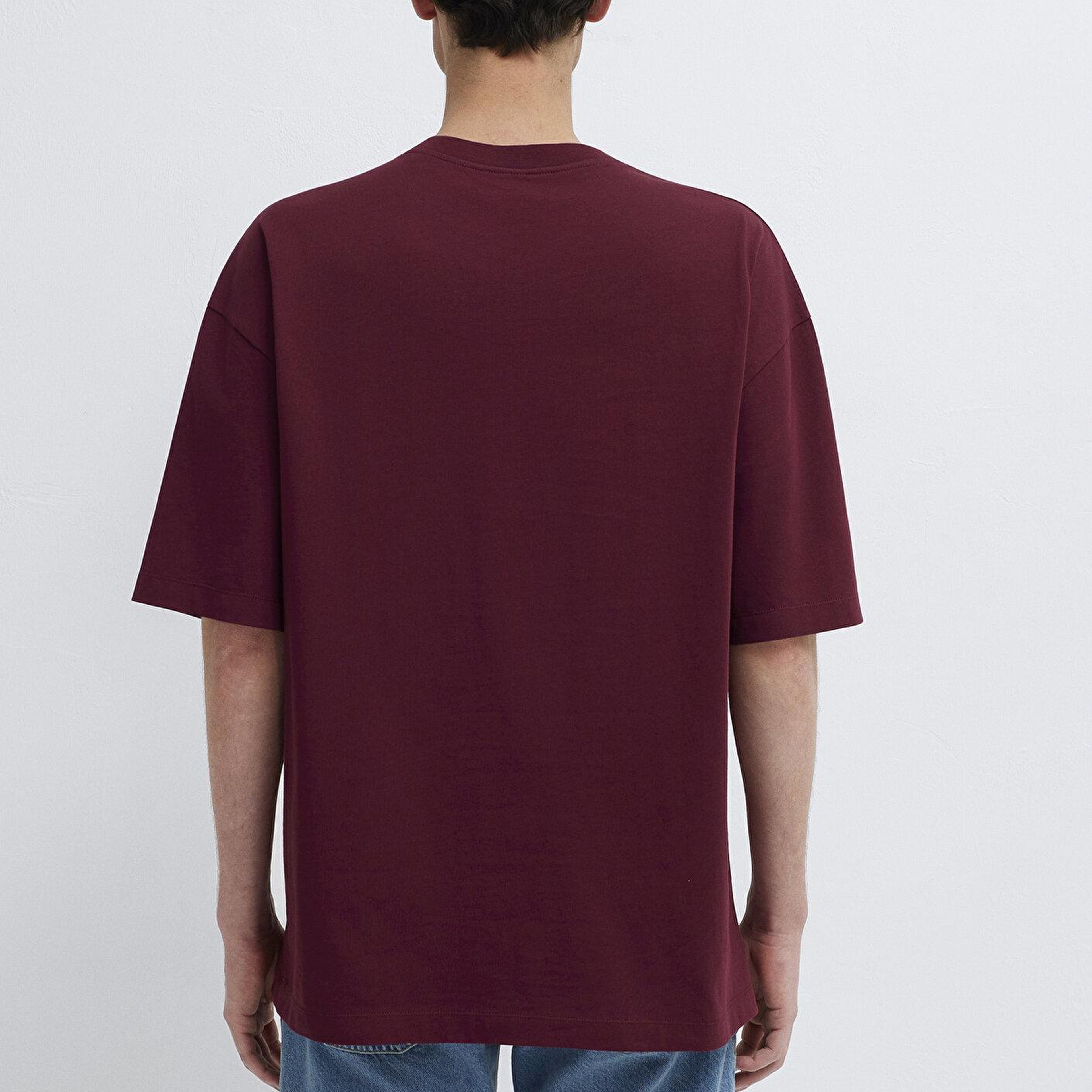 Mavi Baskılı Bordo Tişört Oversize / Geniş Kesim 0613620-70426