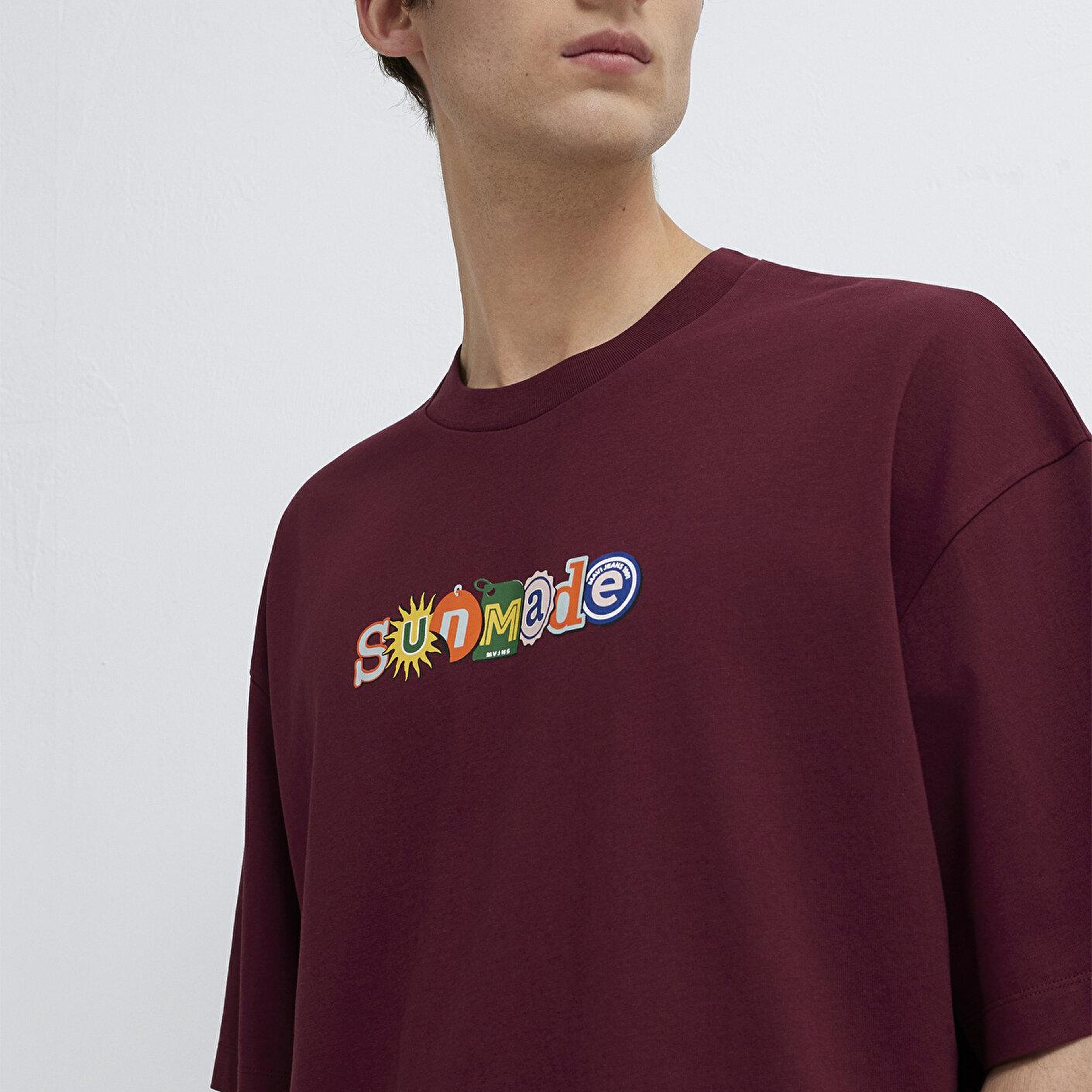 Mavi Baskılı Bordo Tişört Oversize / Geniş Kesim 0613620-70426