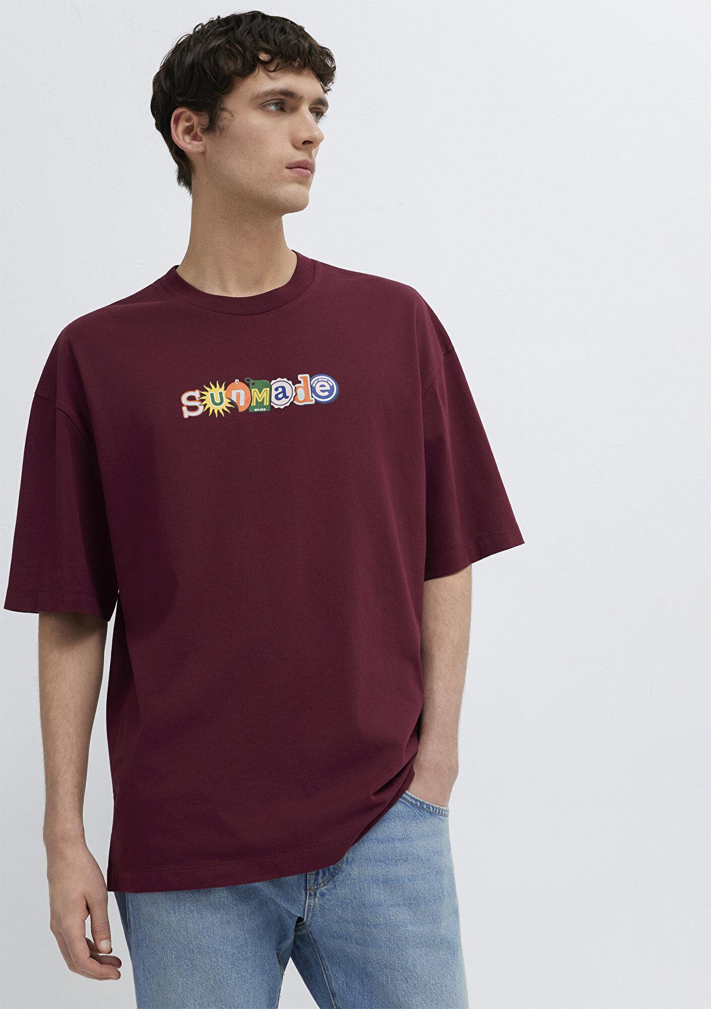 Mavi Baskılı Bordo Tişört Oversize / Geniş Kesim 0613620-70426