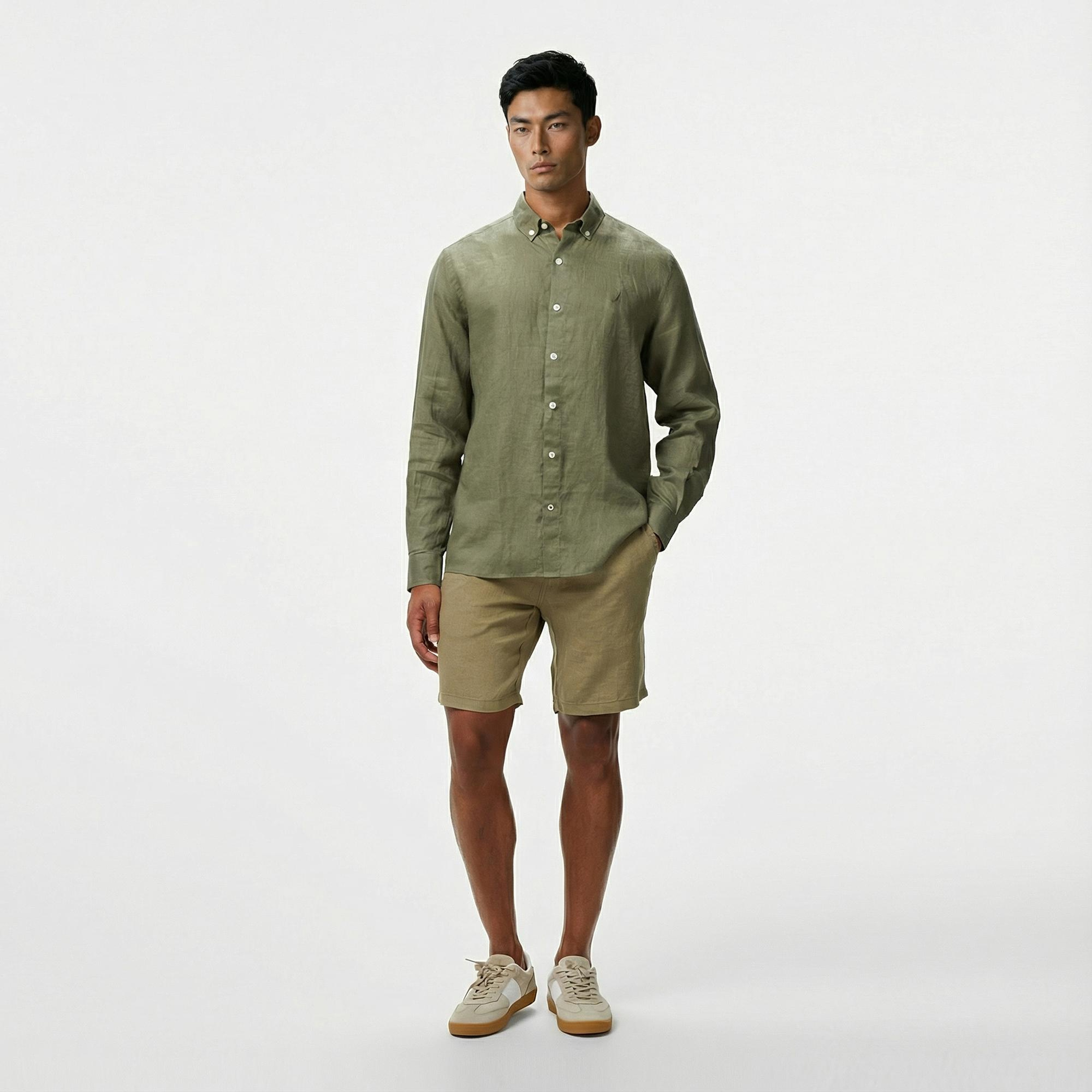 Nautica Erkek Yeşil Classic Fit Keten Gömlek