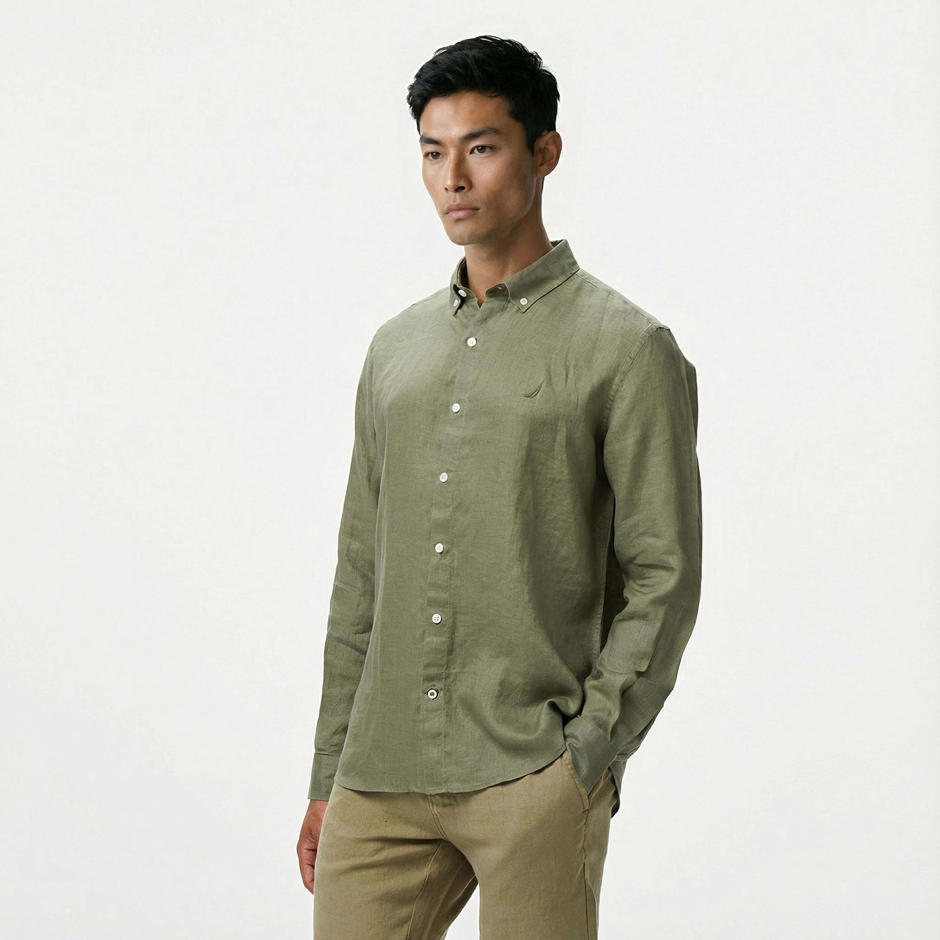 Nautica Erkek Yeşil Classic Fit Keten Gömlek