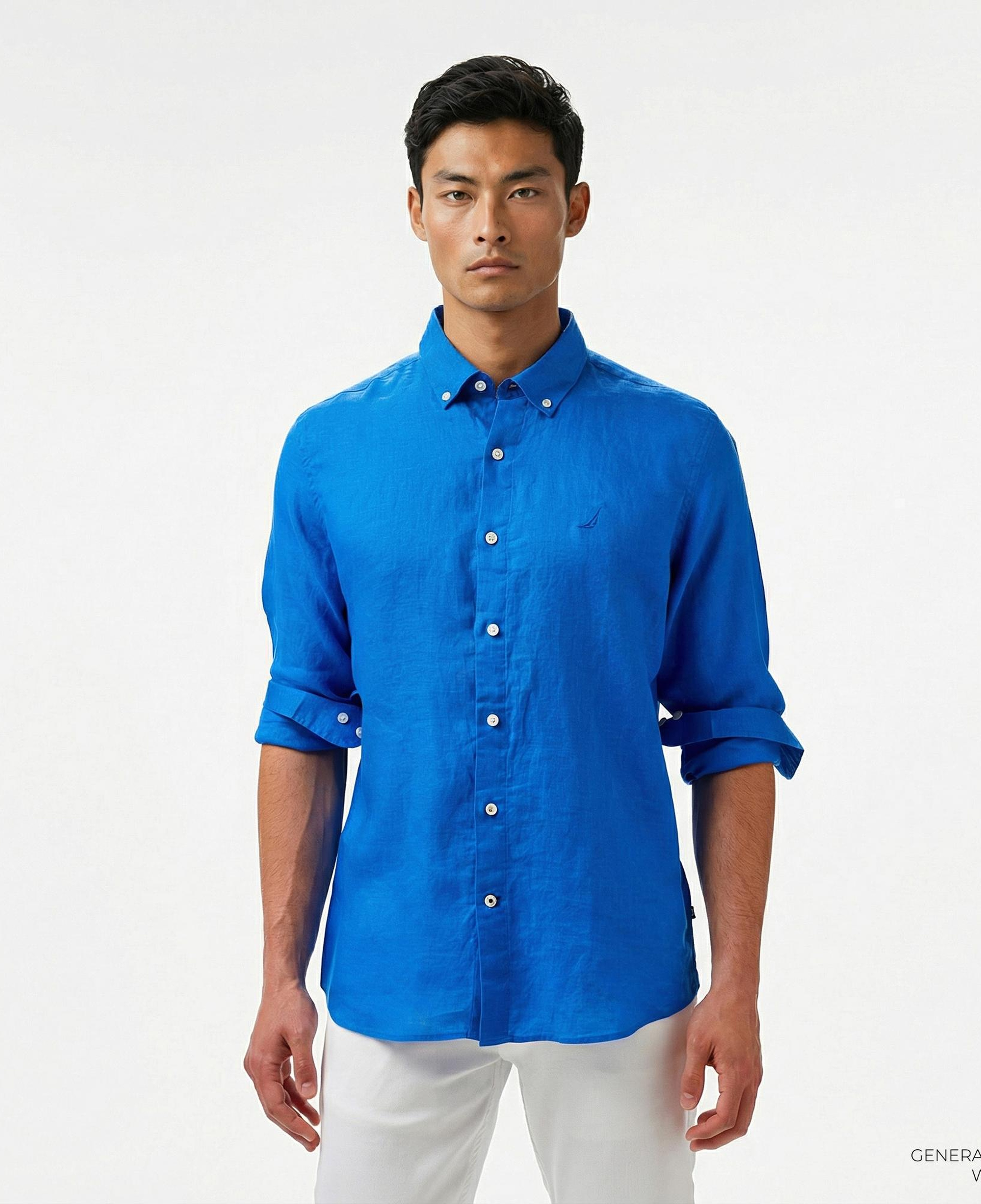 Nautica Erkek Mavi Classic Fit Keten Gömlek