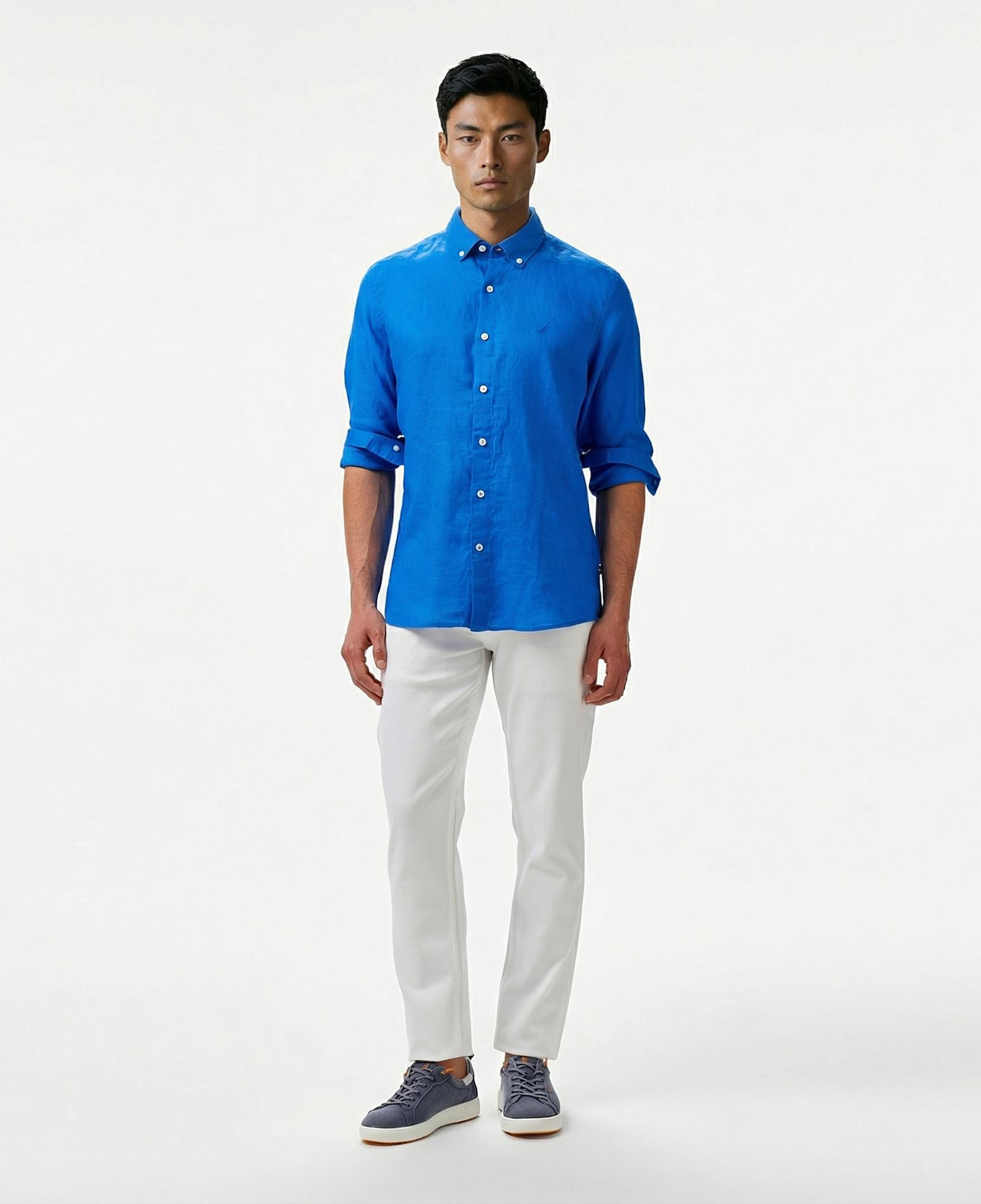 Nautica Erkek Mavi Classic Fit Keten Gömlek