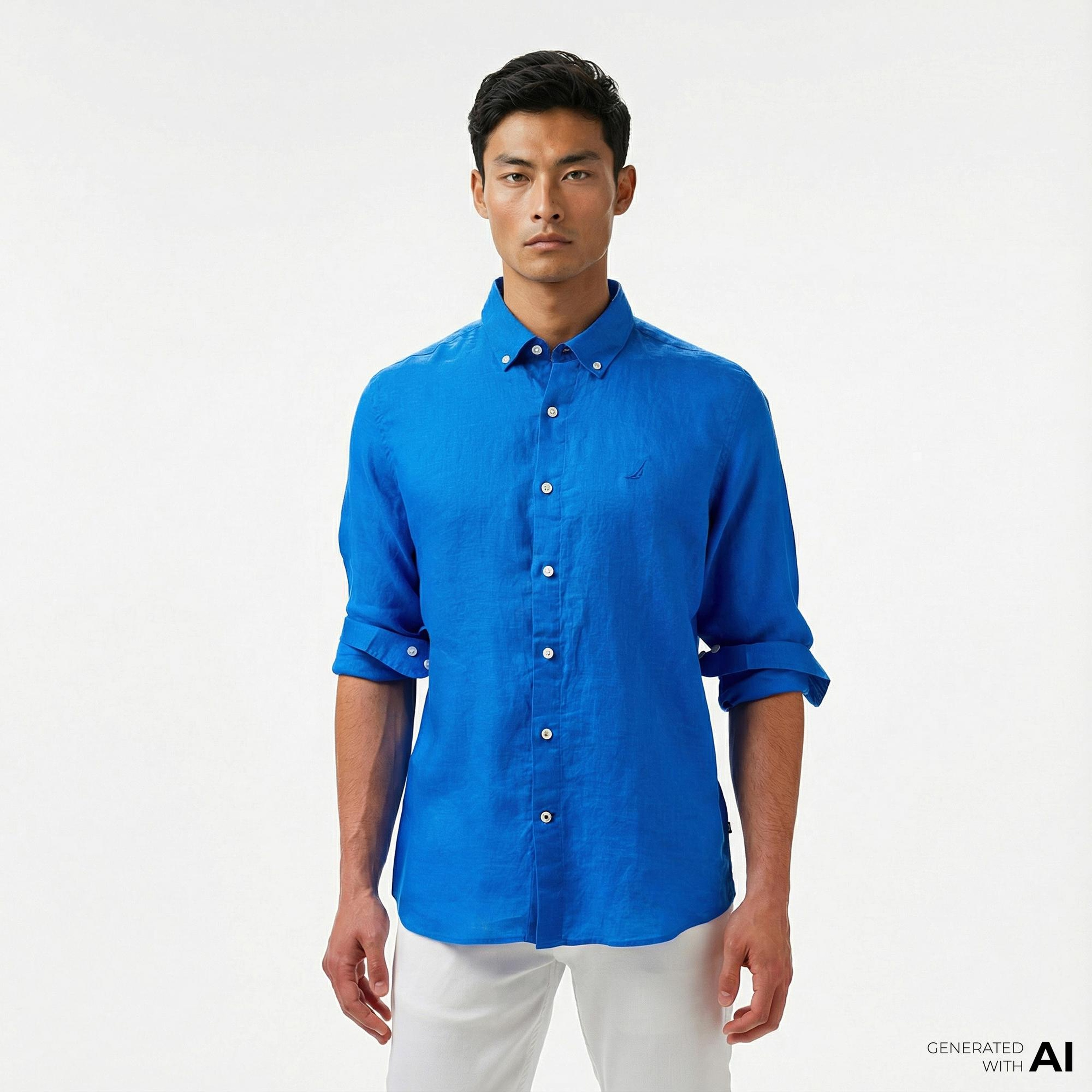 Nautica Erkek Mavi Classic Fit Keten Gömlek