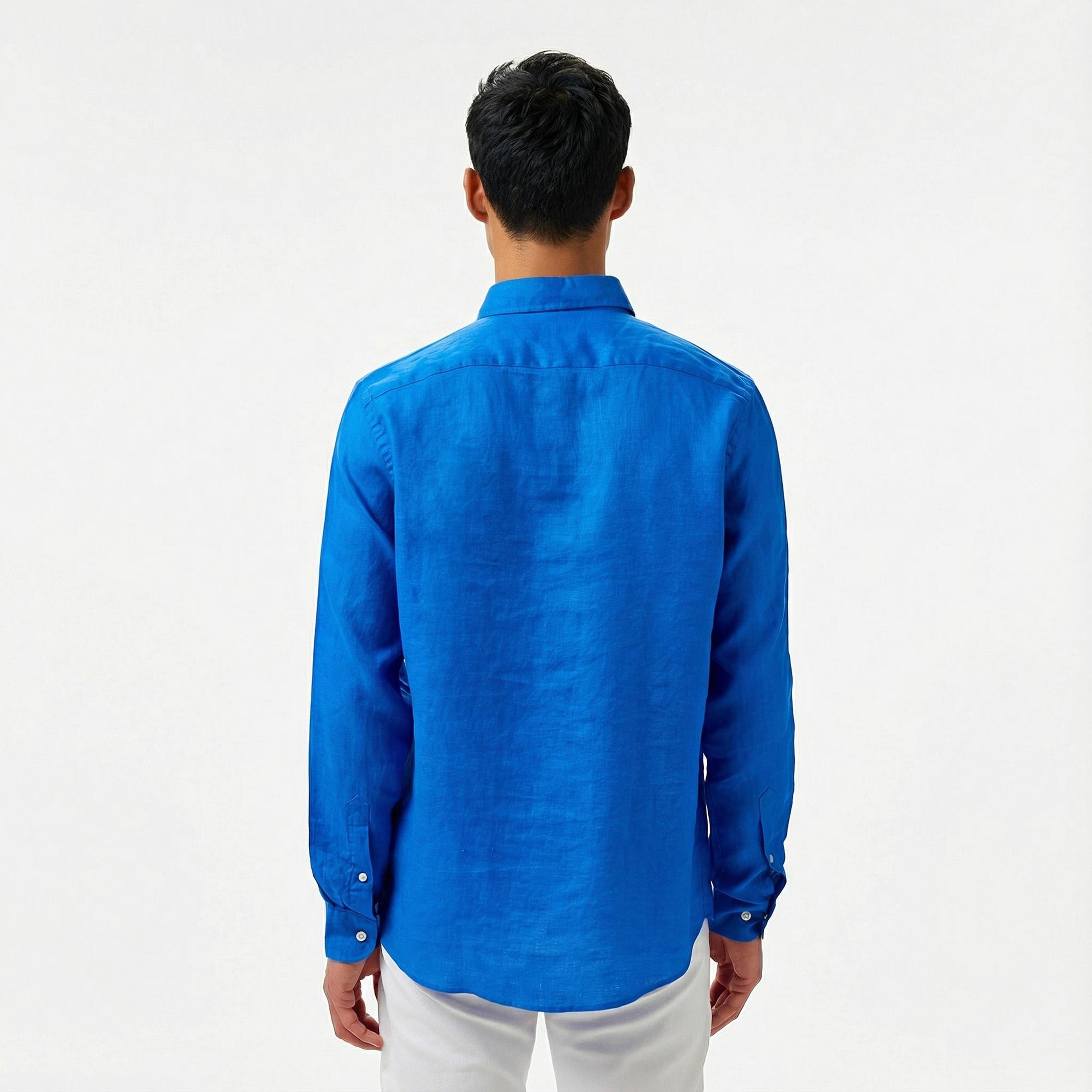 Nautica Erkek Mavi Classic Fit Keten Gömlek