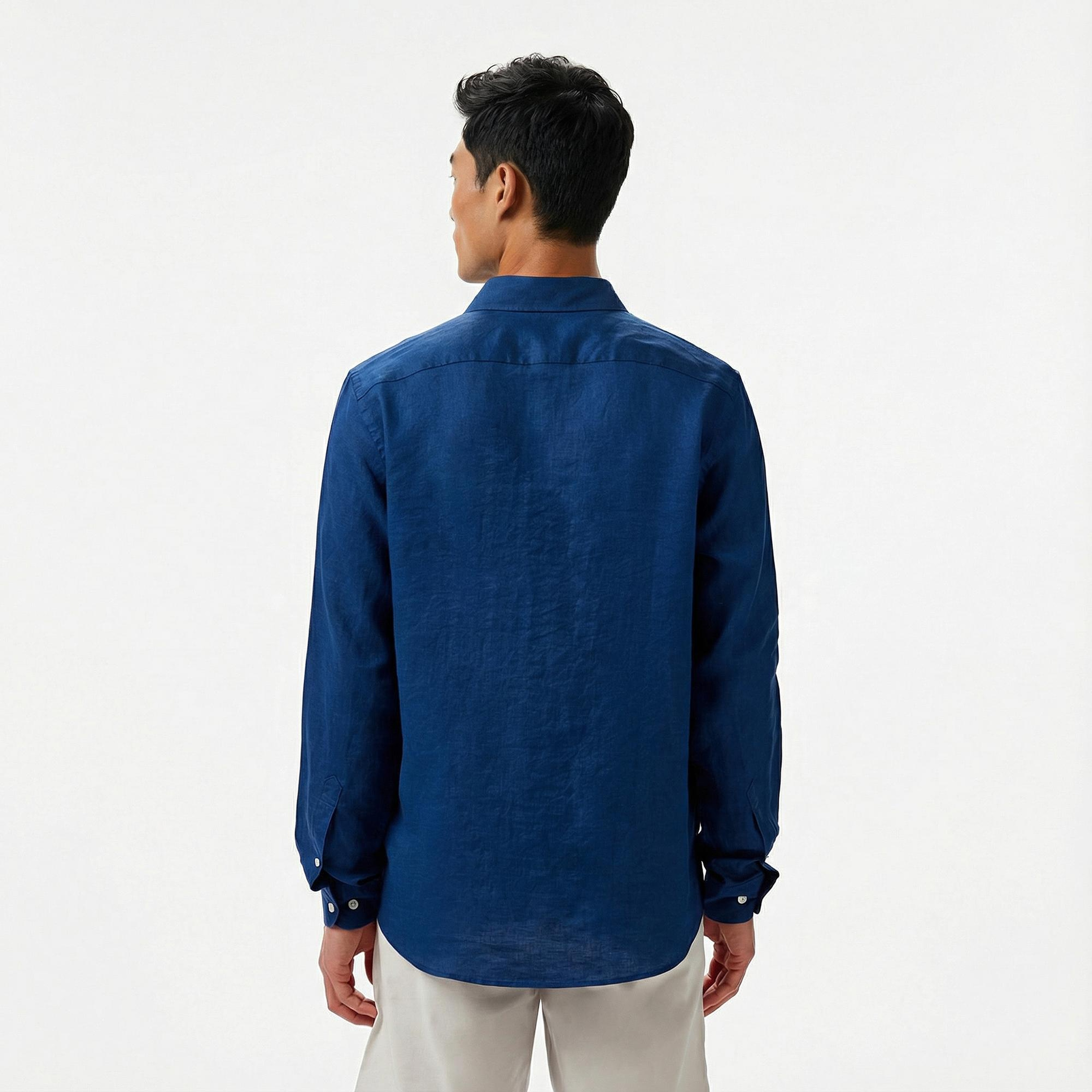 Nautica Erkek Mavi Classic Fit Keten Gömlek