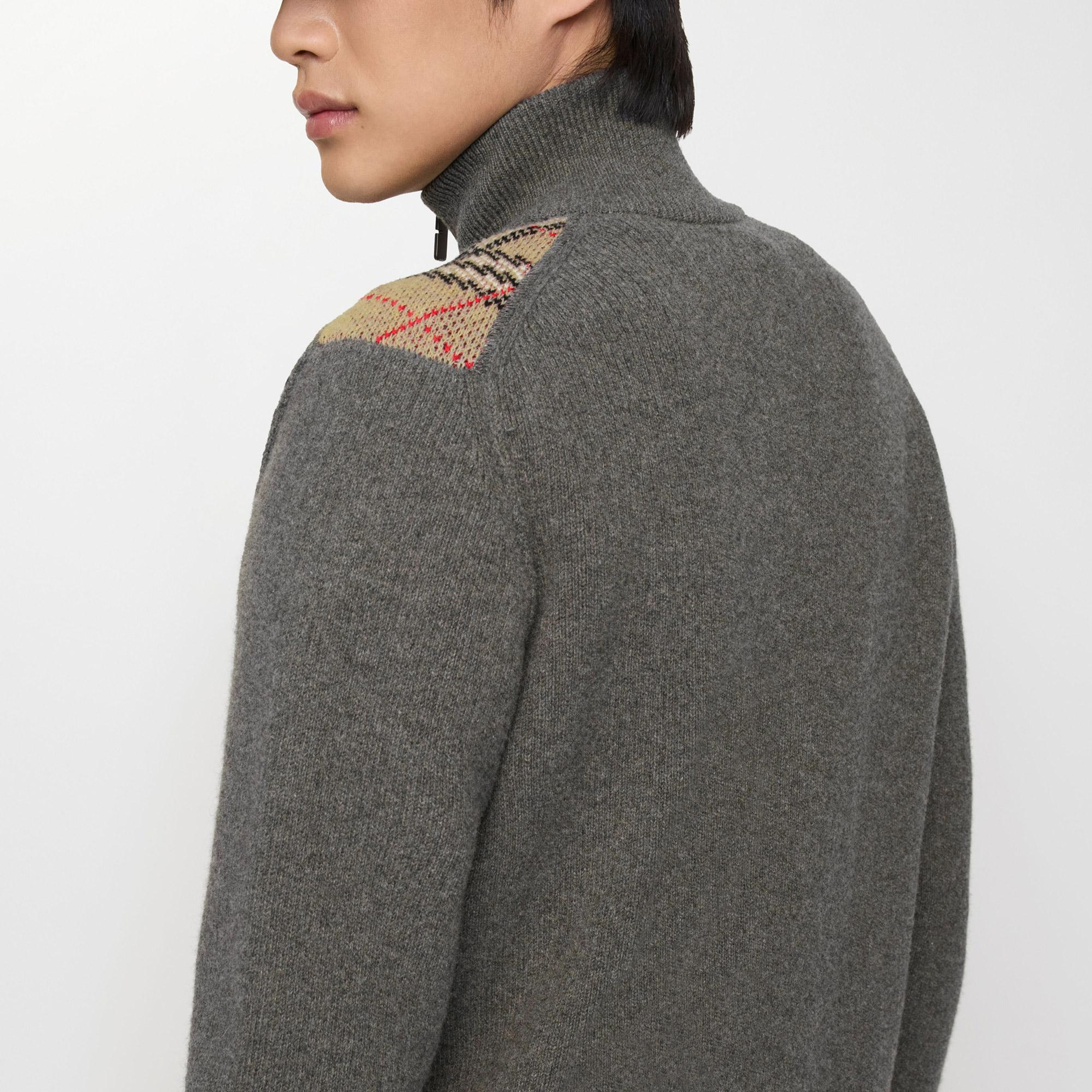 Burberry Check Trim Wool Cashmere Erkek Gri Trıko