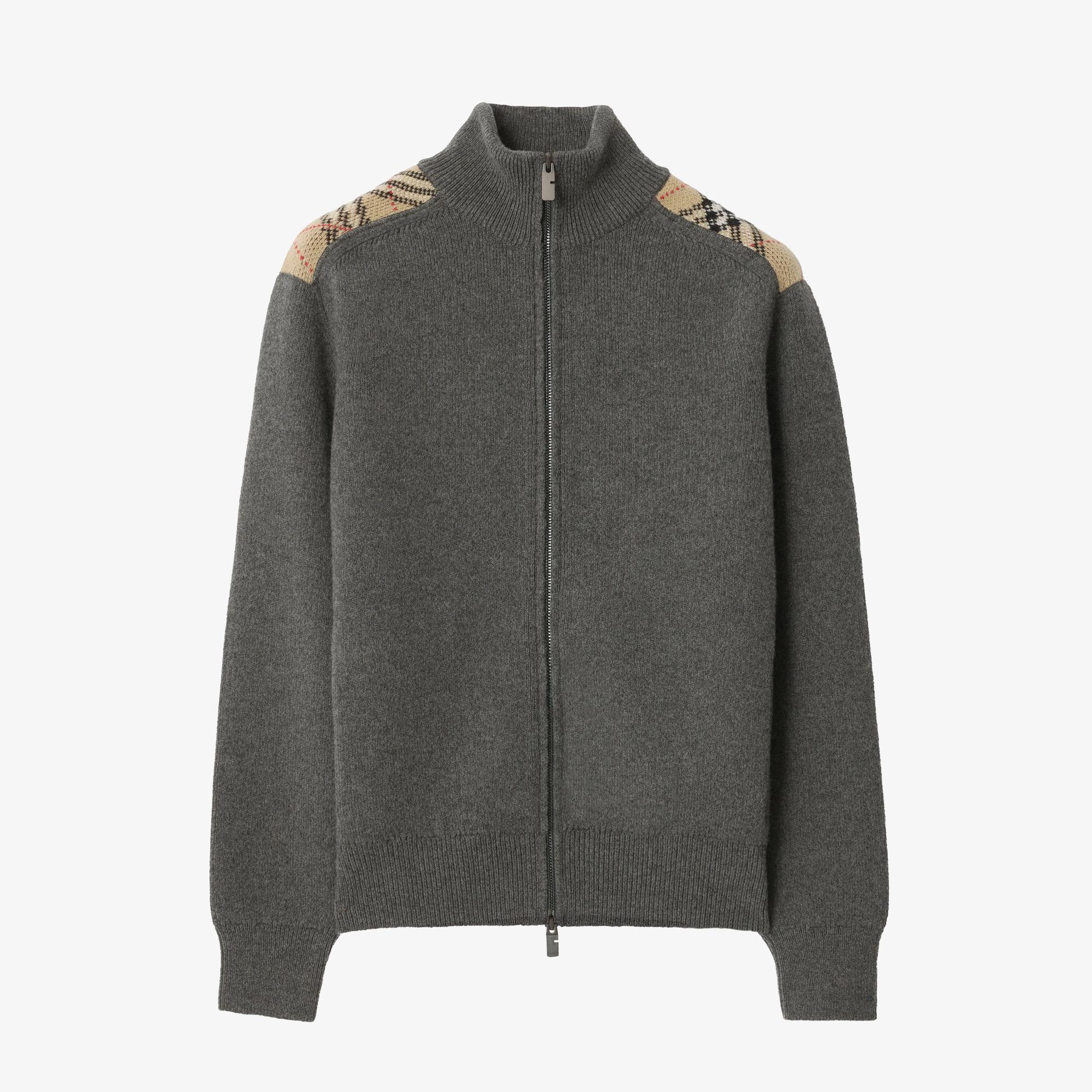 Burberry Check Trim Wool Cashmere Erkek Gri Trıko