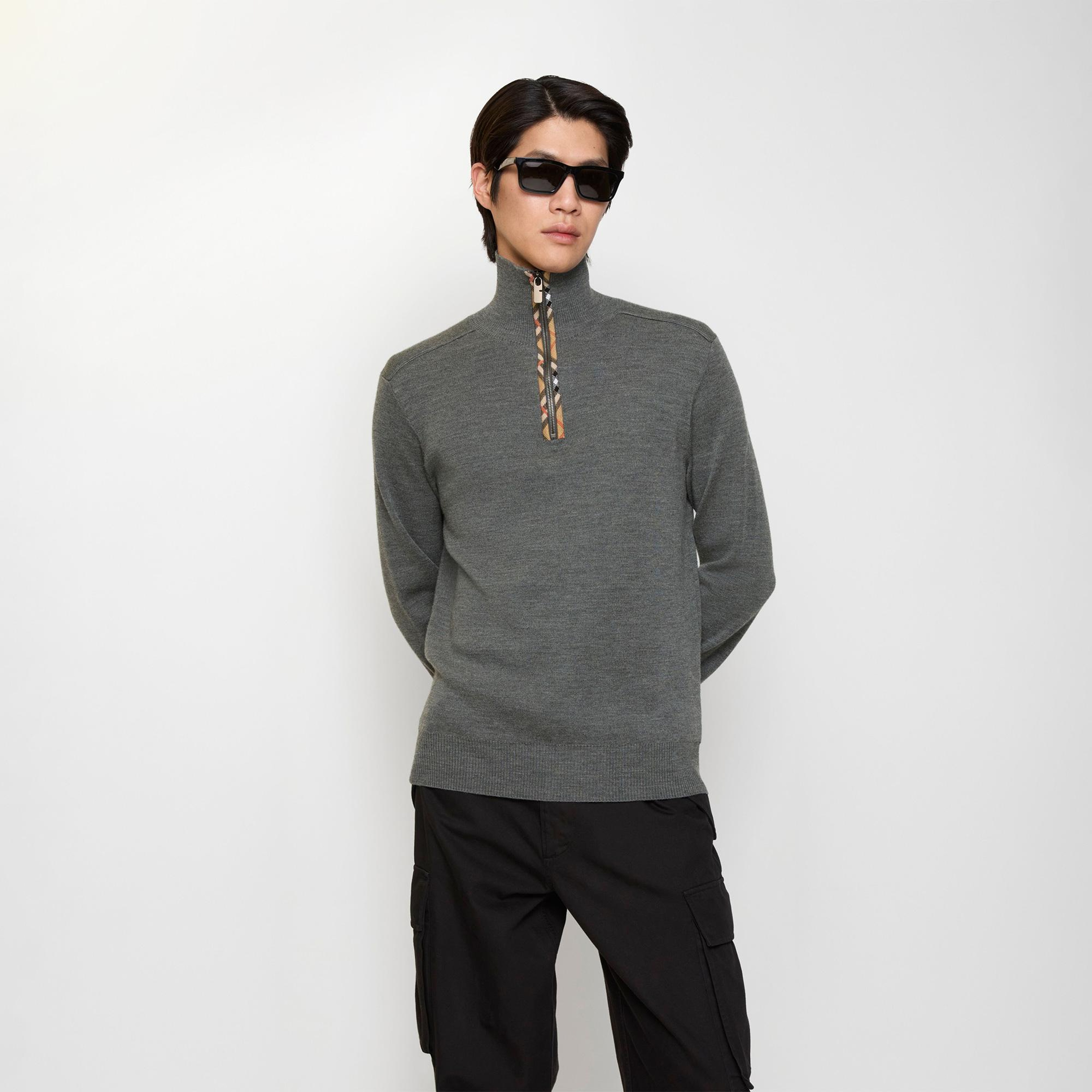 Burberry Check Trim Wool Half-Zip Erkek Gri Trıko