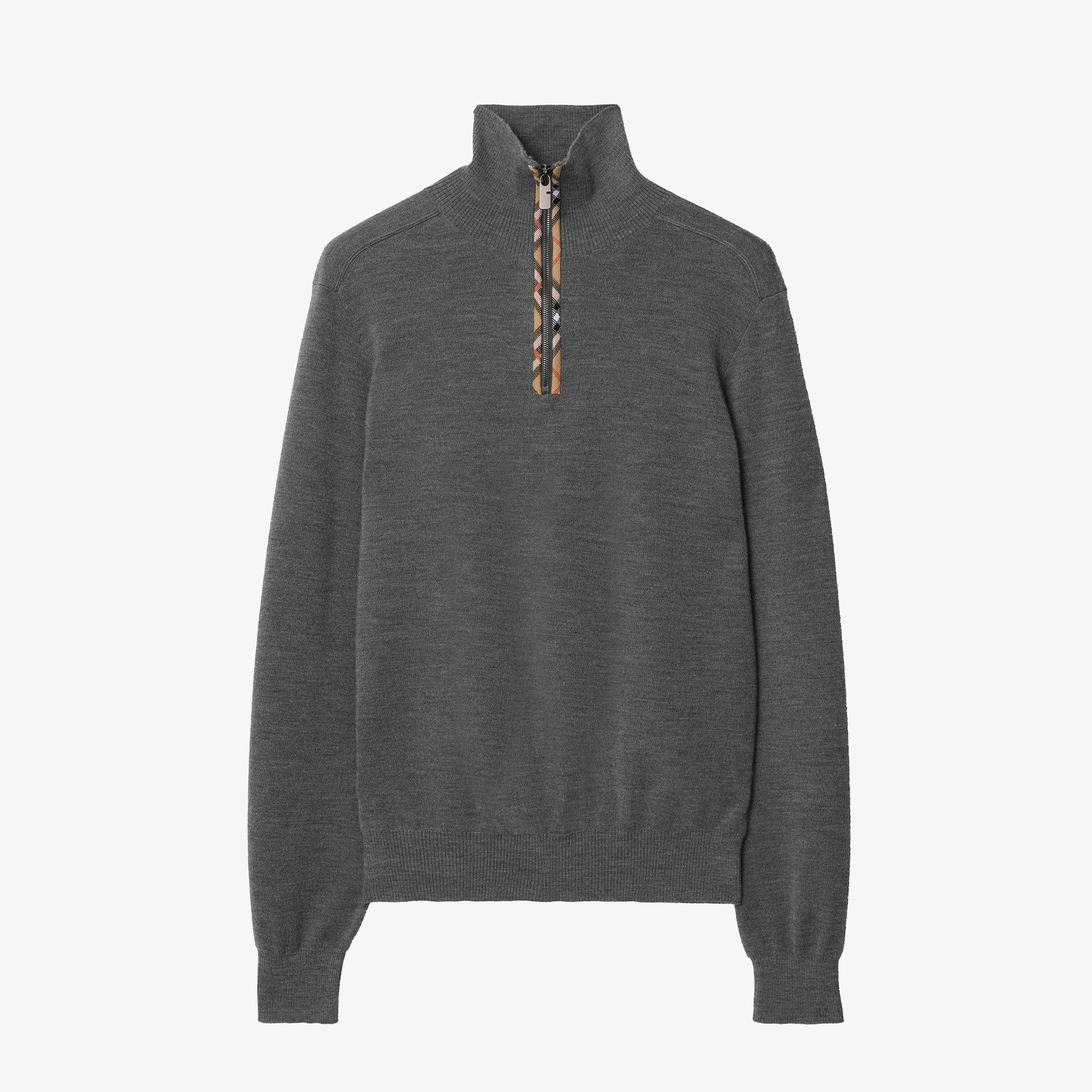 Burberry Check Trim Wool Half-Zip Erkek Gri Trıko