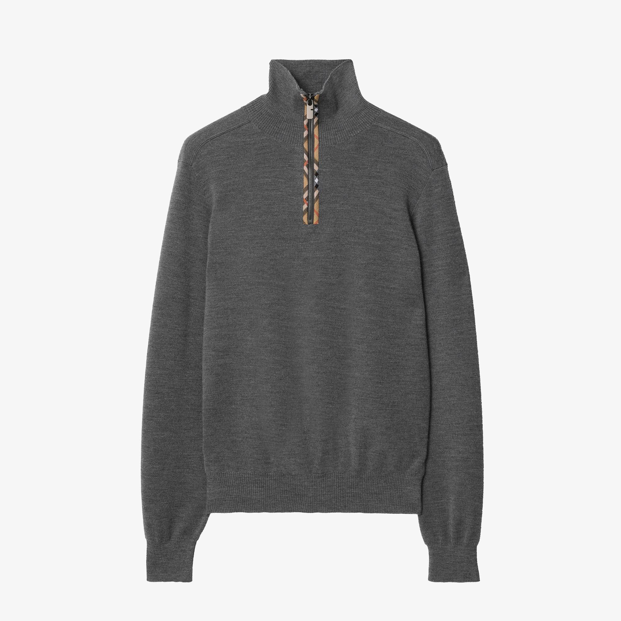 Burberry Check Trim Wool Half-Zip Erkek Gri Trıko
