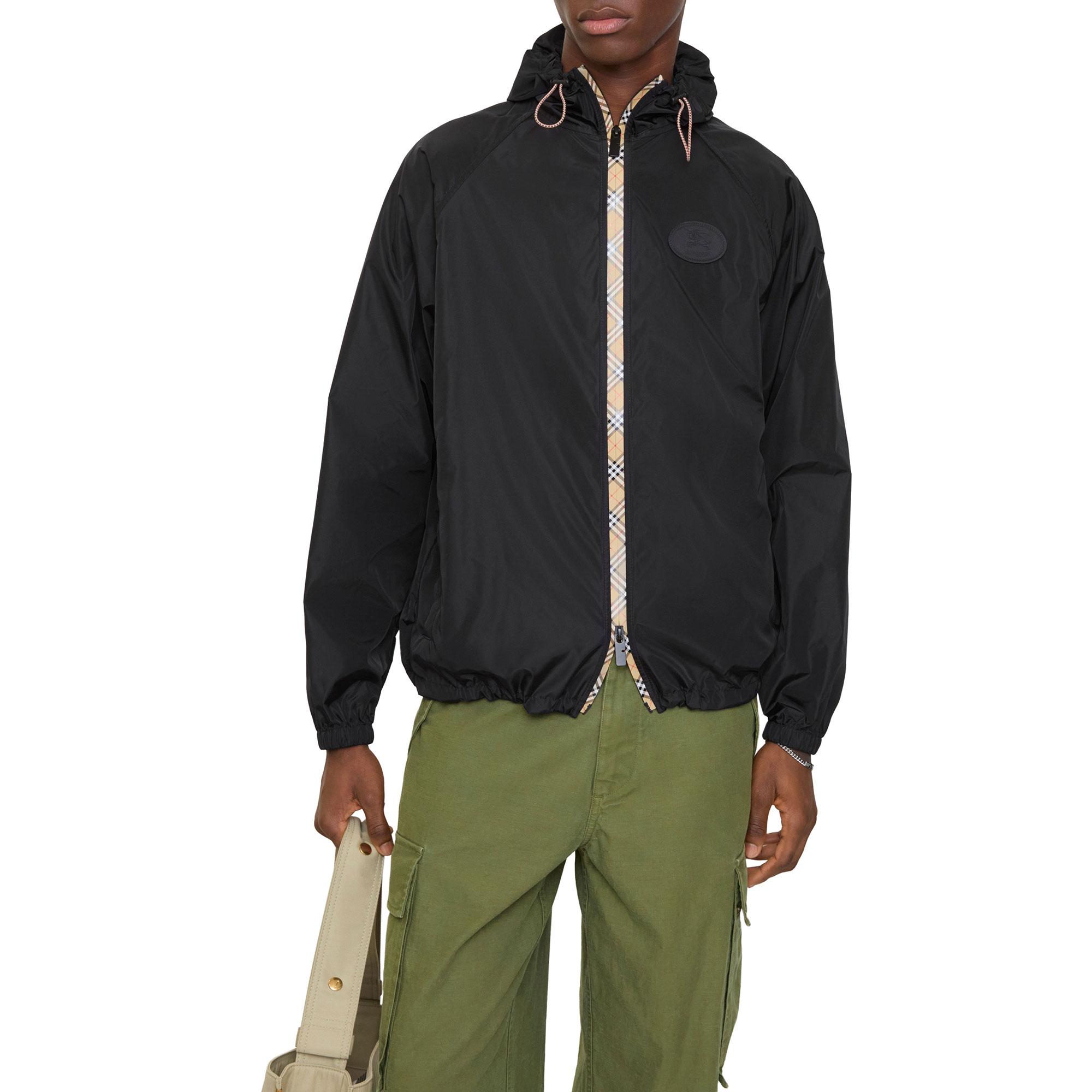 Burberry Checker-Tape Nylon Hooded Erkek Siyah Mont