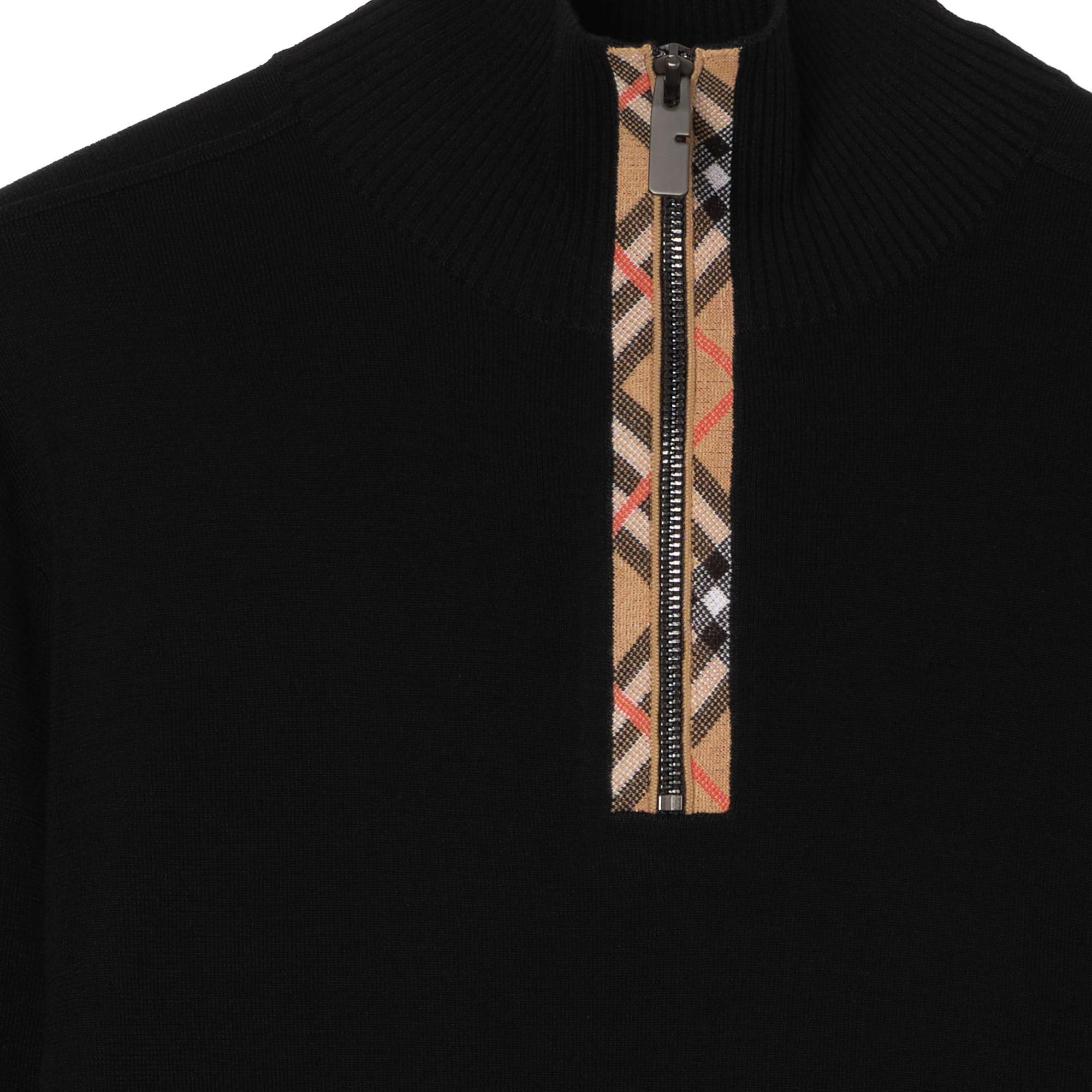 Burberry Check Trim Wool Half-Zip Erkek Siyah Trıko