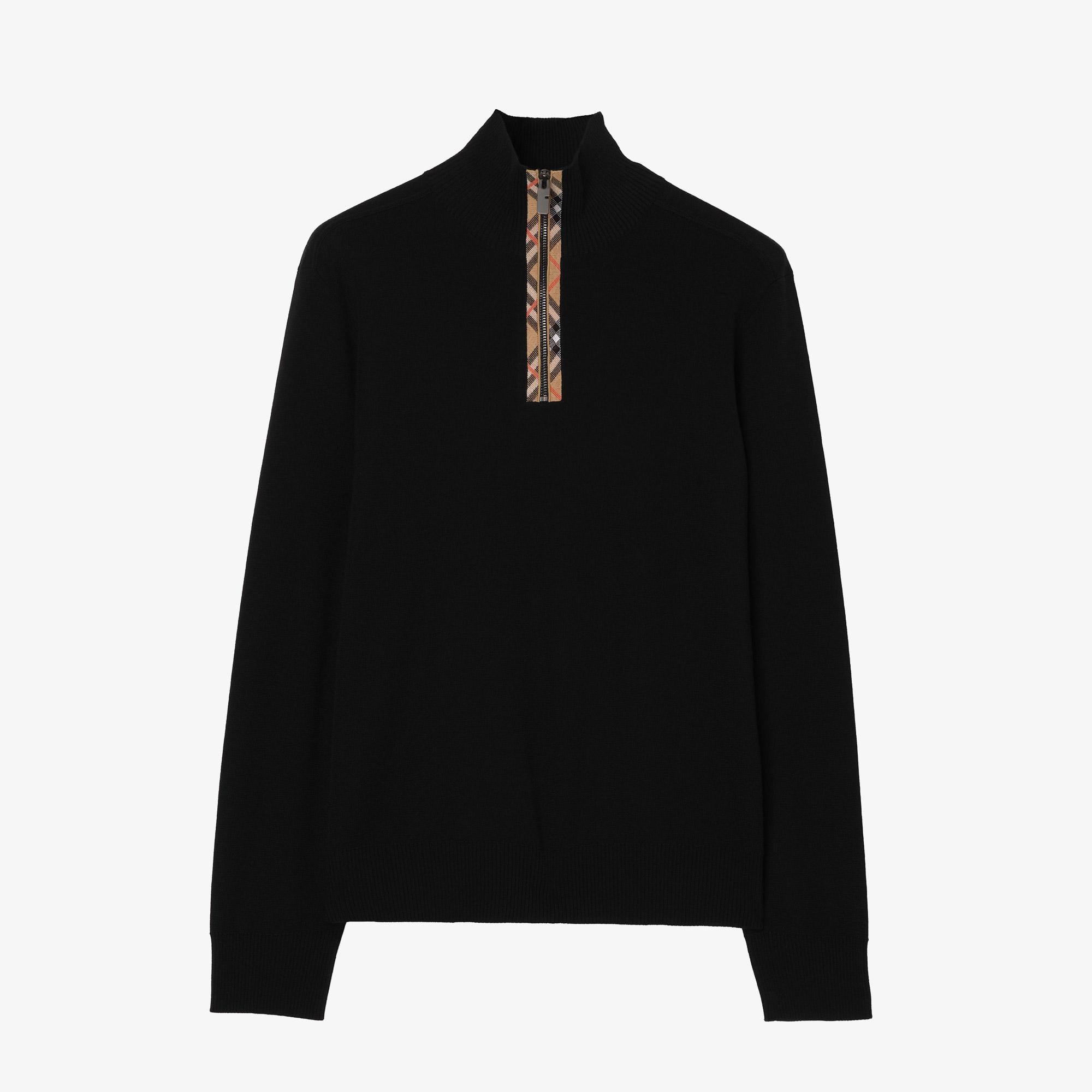 Burberry Check Trim Wool Half-Zip Erkek Siyah Trıko