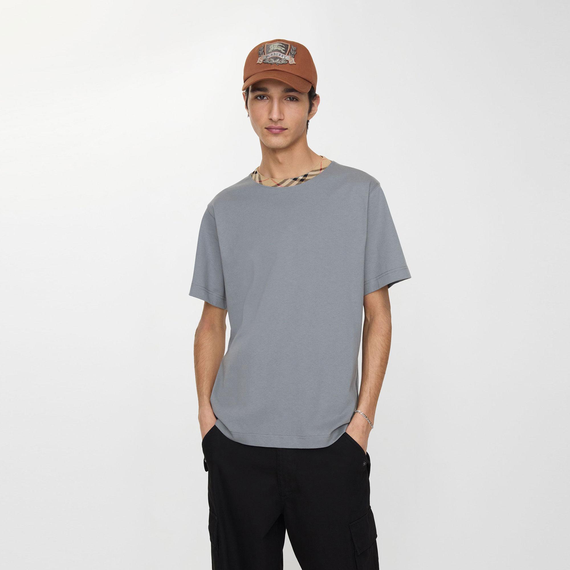 Burberry Check Trim Cotton Erkek Gri T-Shirt