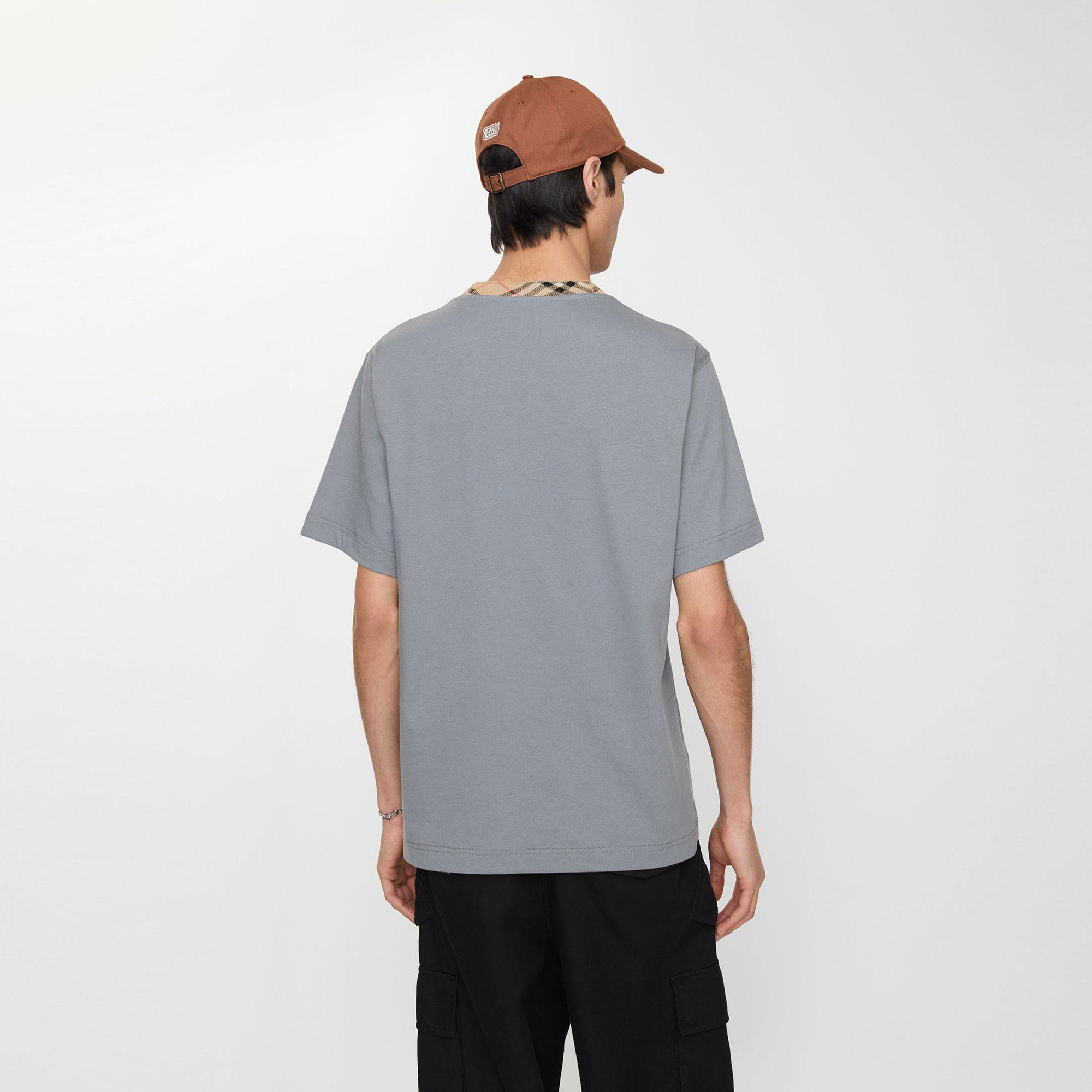 Burberry Check Trim Cotton Erkek Gri T-Shirt