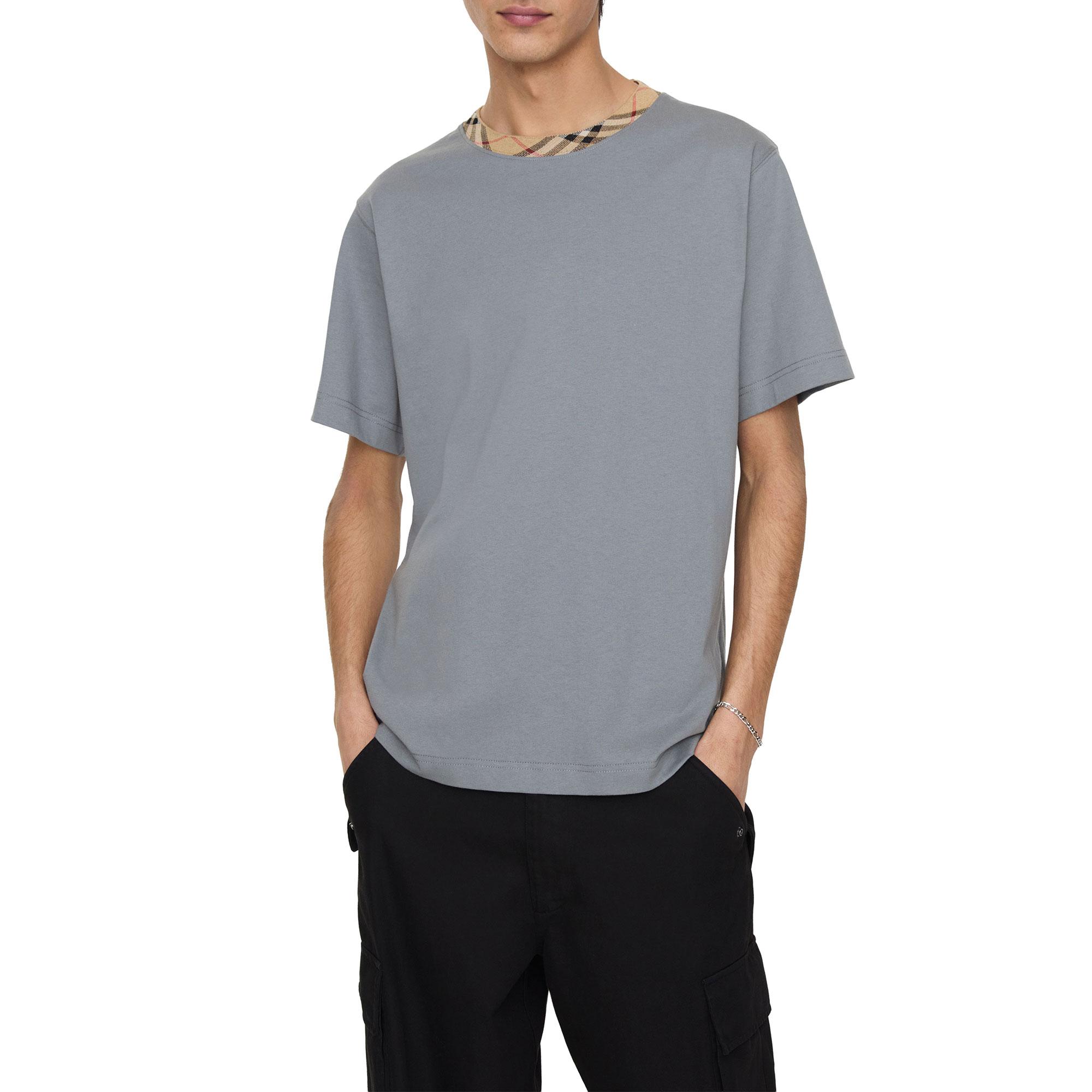Burberry Check Trim Cotton Erkek Gri T-Shirt