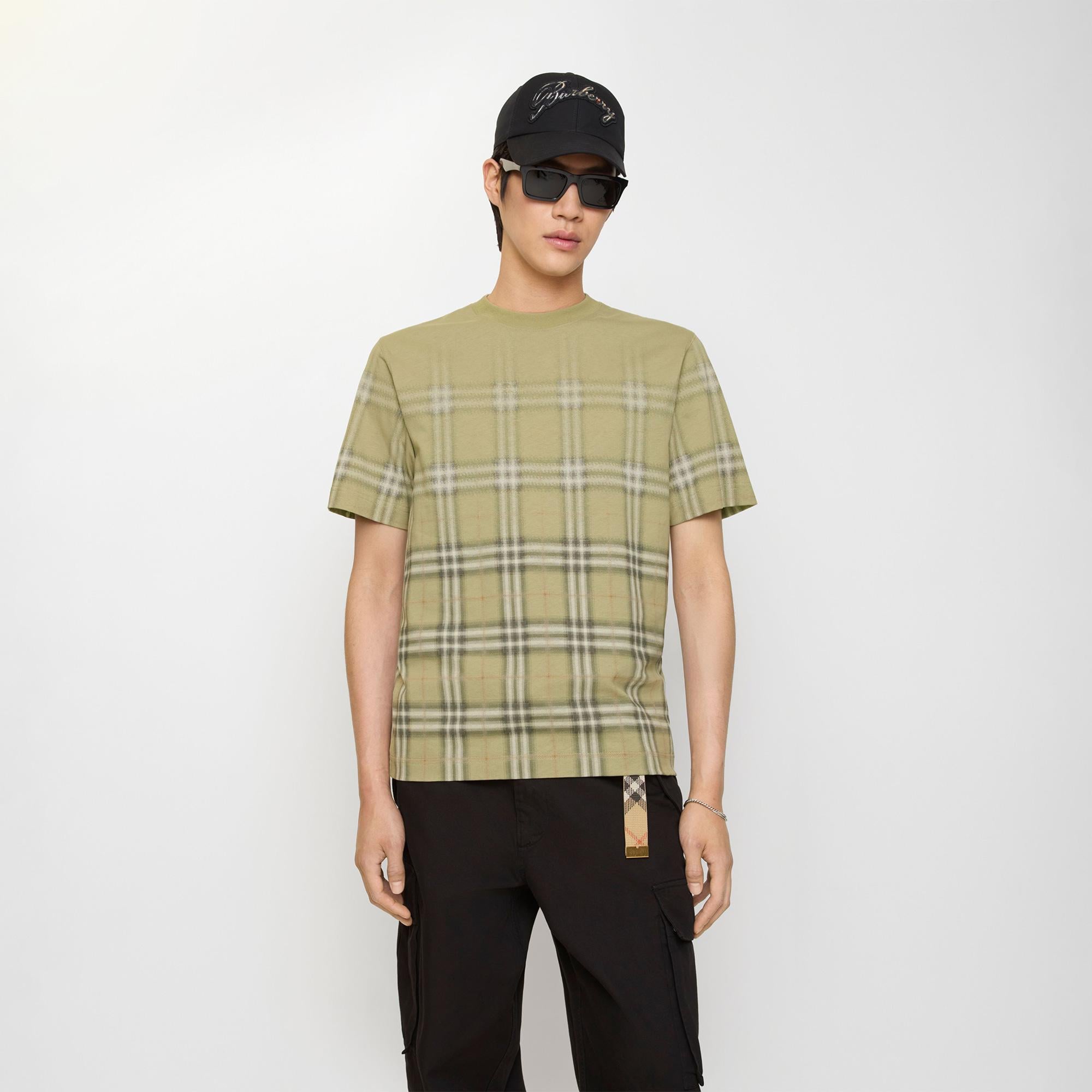 Burberry Gradient Check Cotton Erkek Haki T-Shirt