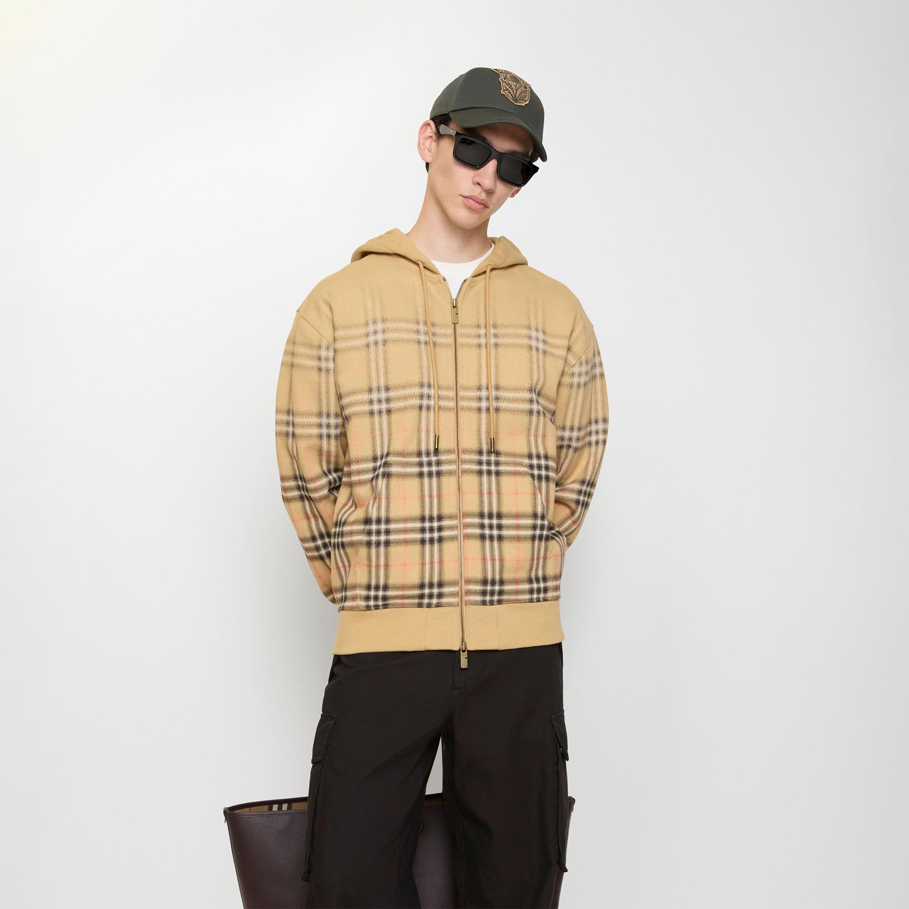 Burberry Gradient Check Cotton Zip Erkek Bej Hoodie