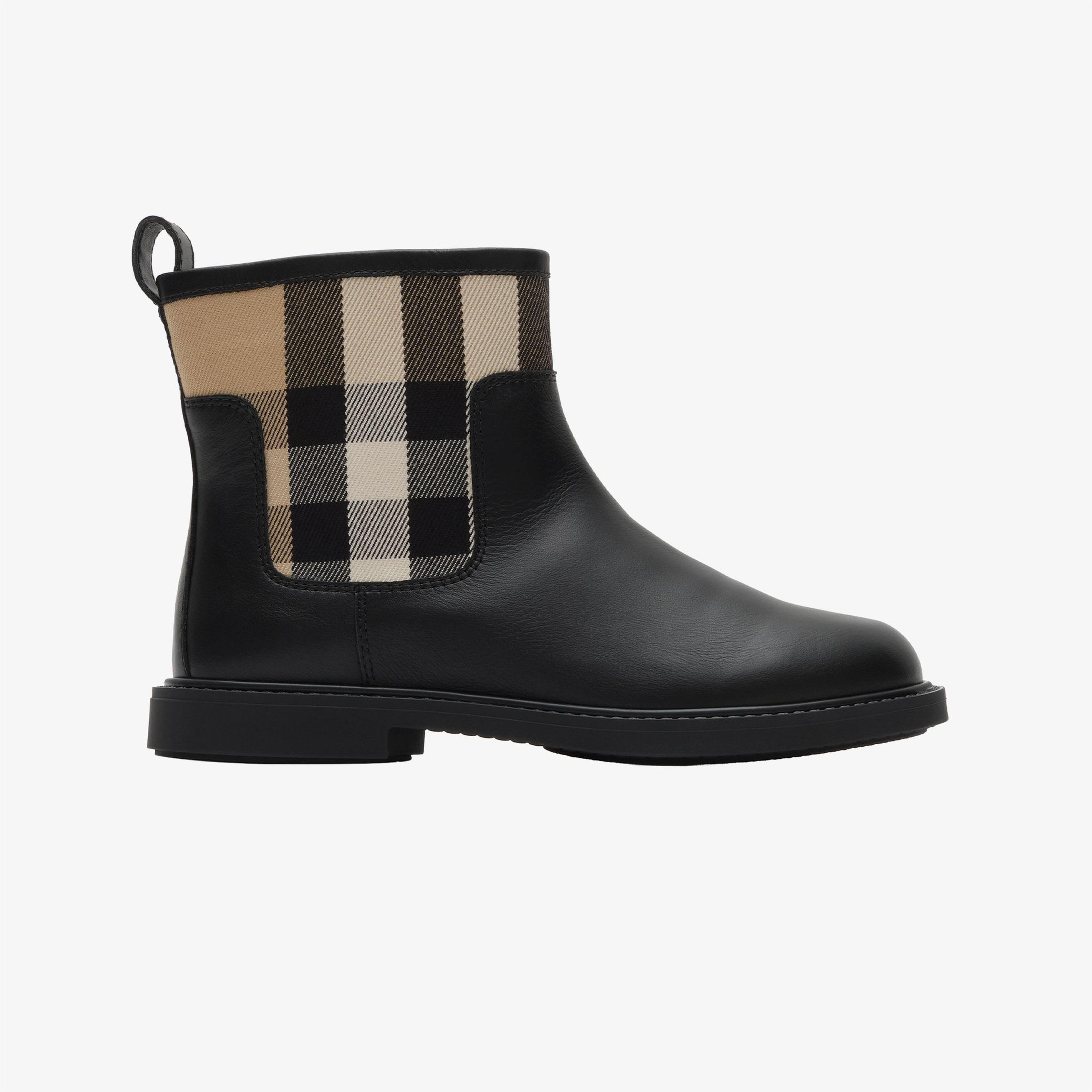 Burberry Check Panel Leather Çocuk Siyah Bot