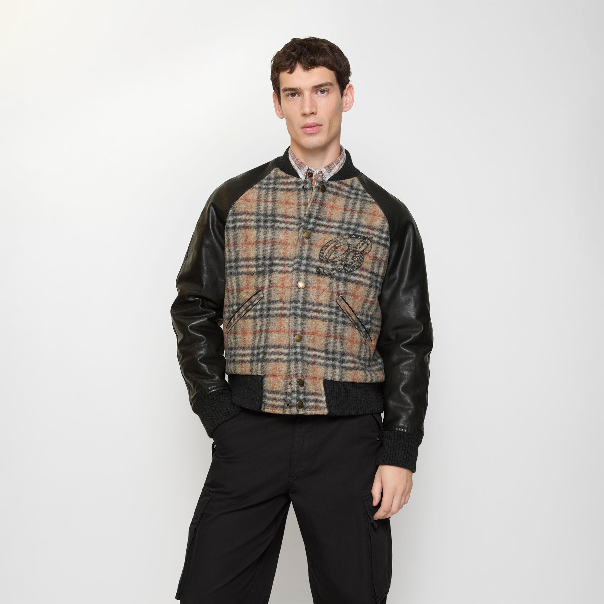 Burberry Check Wool And Leather Bomber Erkek Bej Bomber Mont
