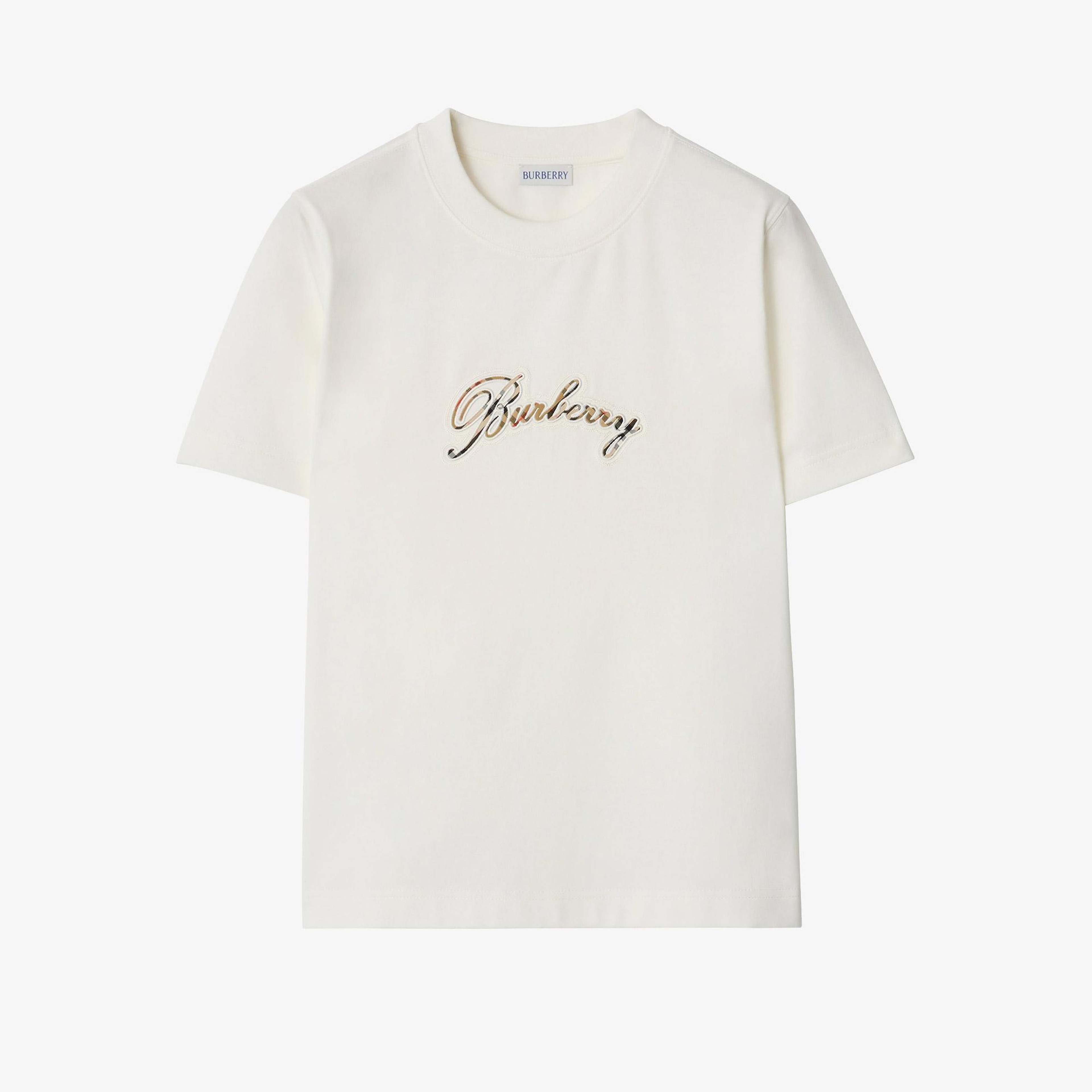 Burberry Check Cursive Logo Cotton Kadın Beyaz T-Shirt