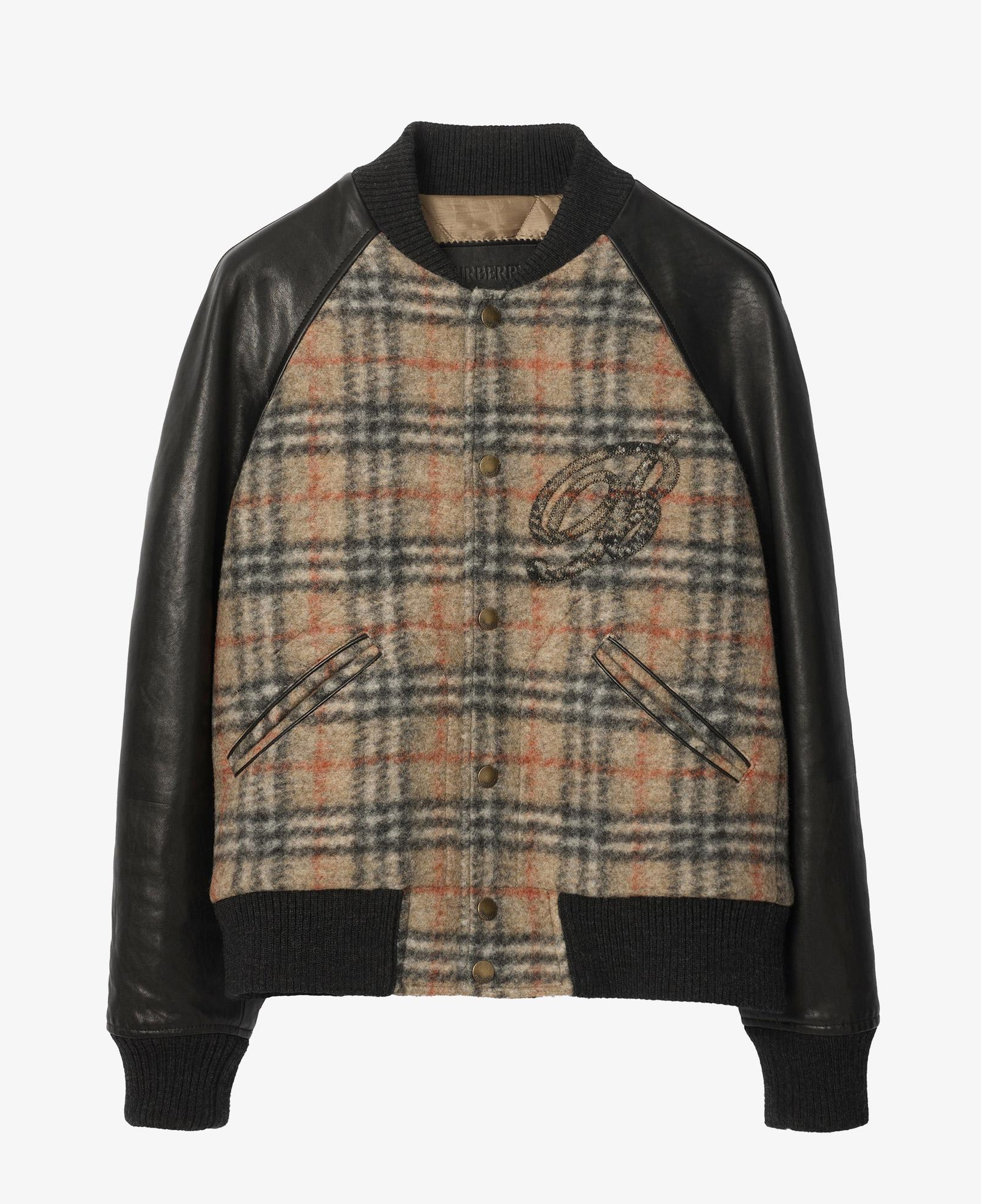Burberry Check Wool And Leather Bomber Erkek Bej Bomber Mont