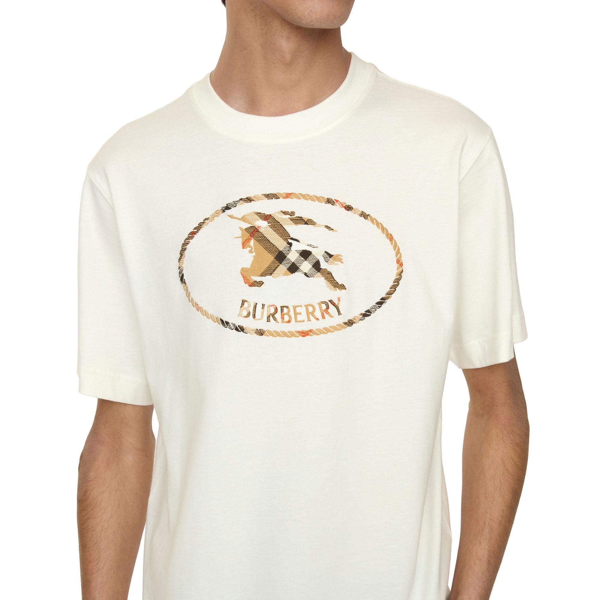 Burberry Check Knight Stamp Cotton Erkek Beyaz T-Shirt