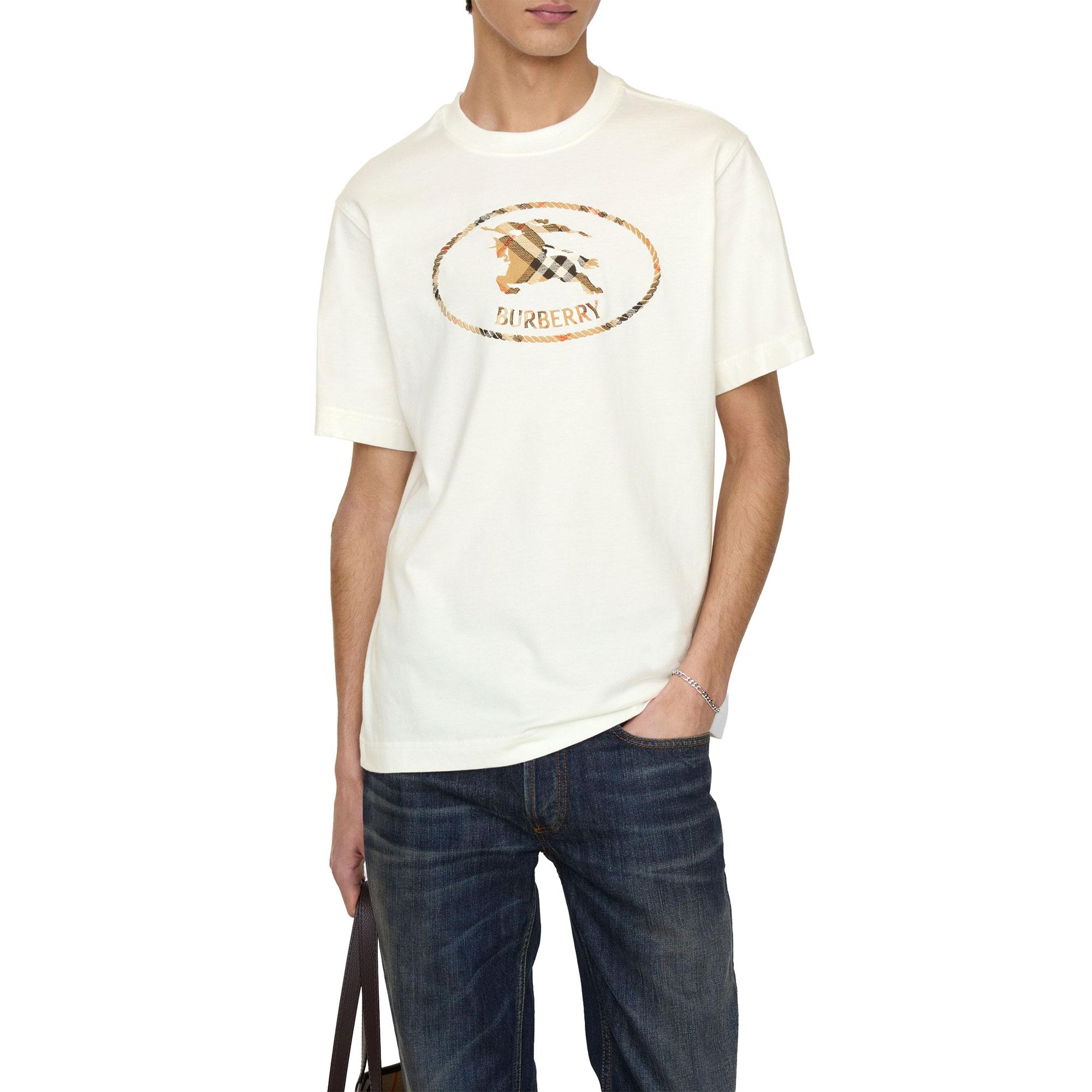 Burberry Check Knight Stamp Cotton Erkek Beyaz T-Shirt