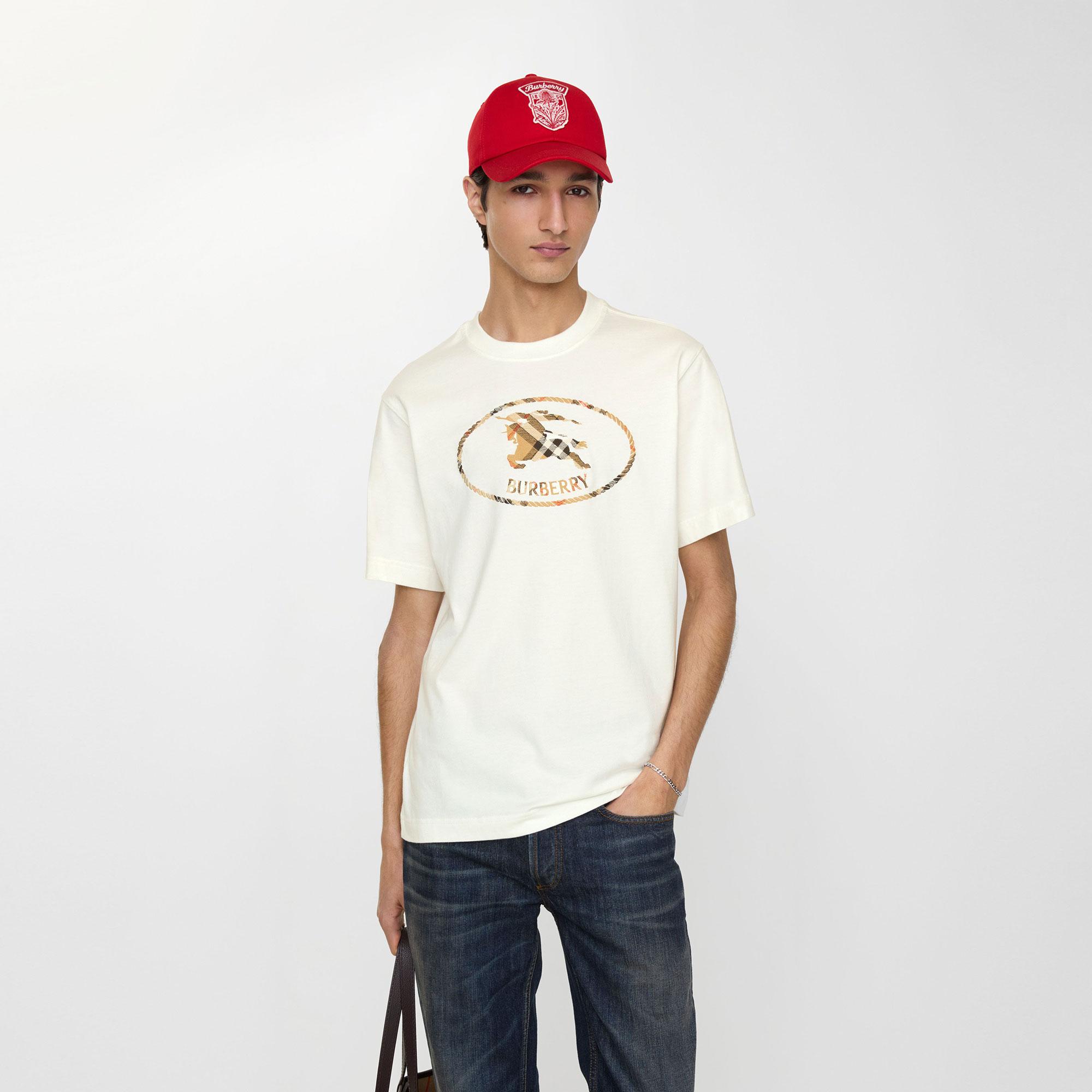 Burberry Check Knight Stamp Cotton Erkek Beyaz T-Shirt