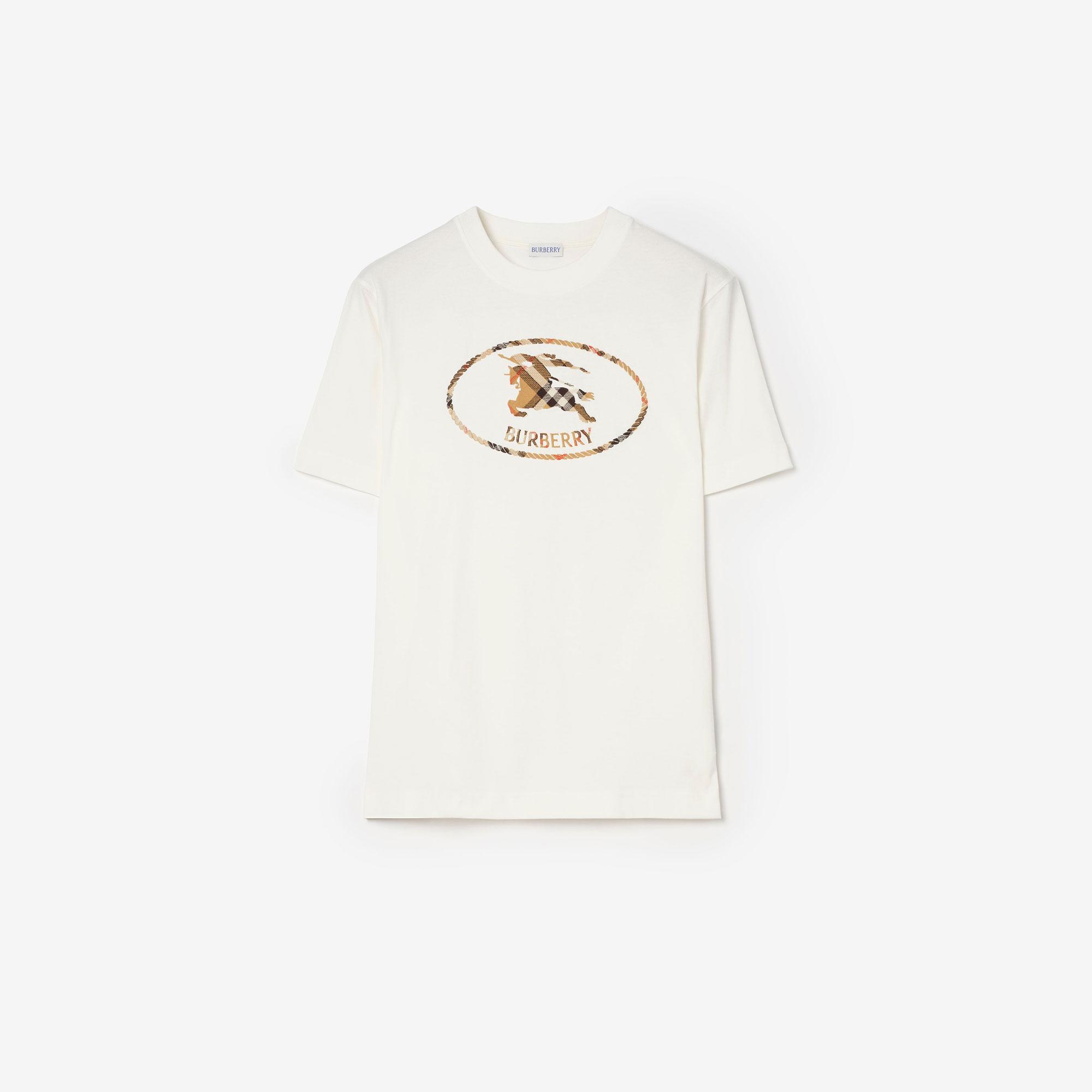 Burberry Check Knight Stamp Cotton Erkek Beyaz T-Shirt