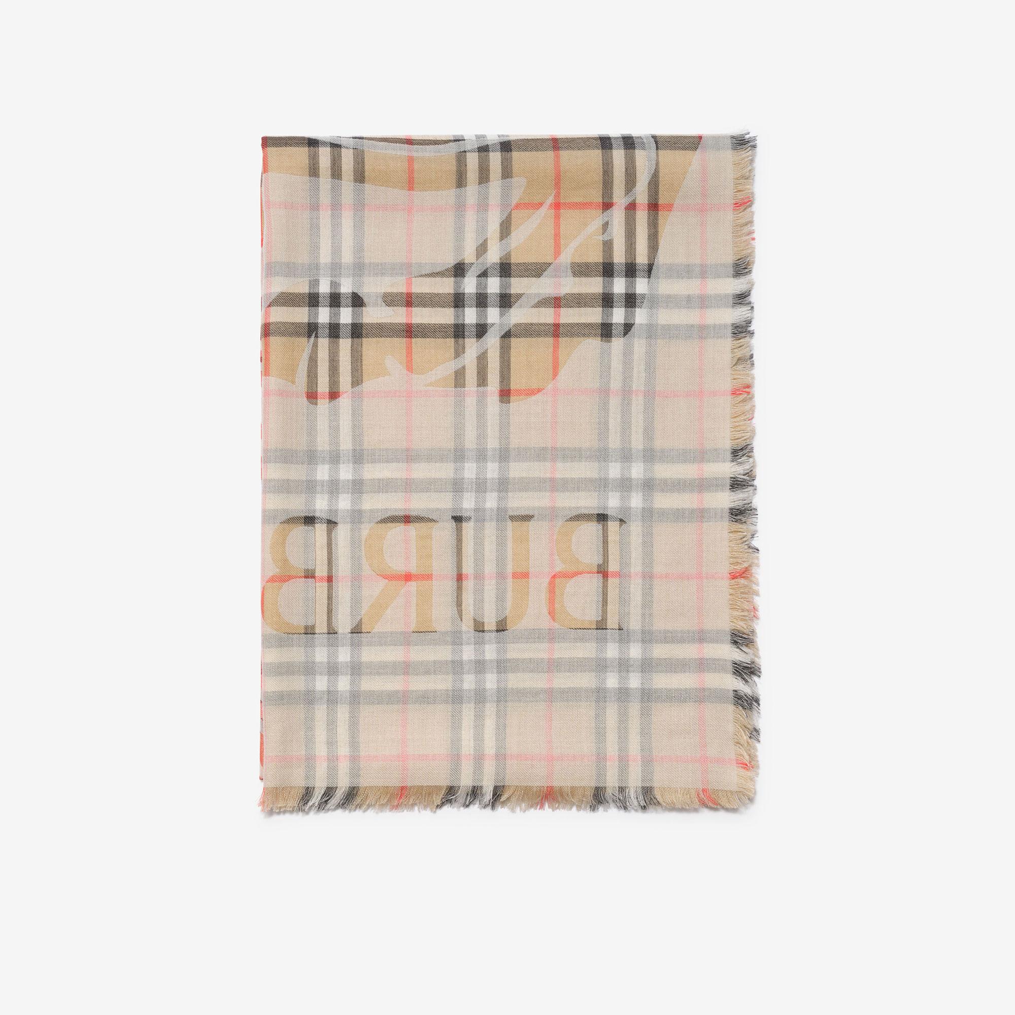 Burberry Wide Ekd Check Wool Silk Kadın Bej Atkı