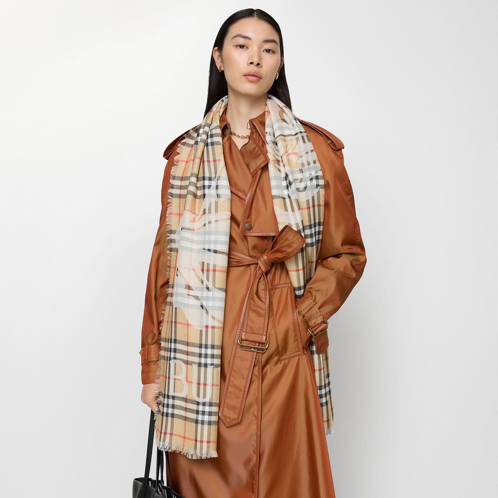 Burberry Wide Ekd Check Wool Silk Kadın Bej Atkı