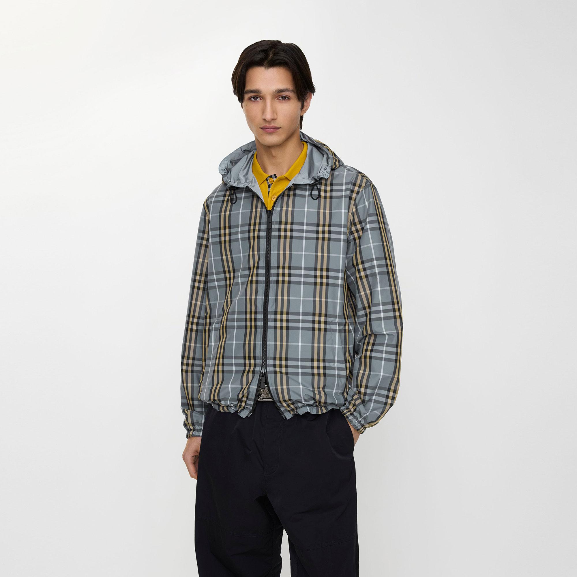 Burberry Reversible Check Hooded Erkek Mavi Mont