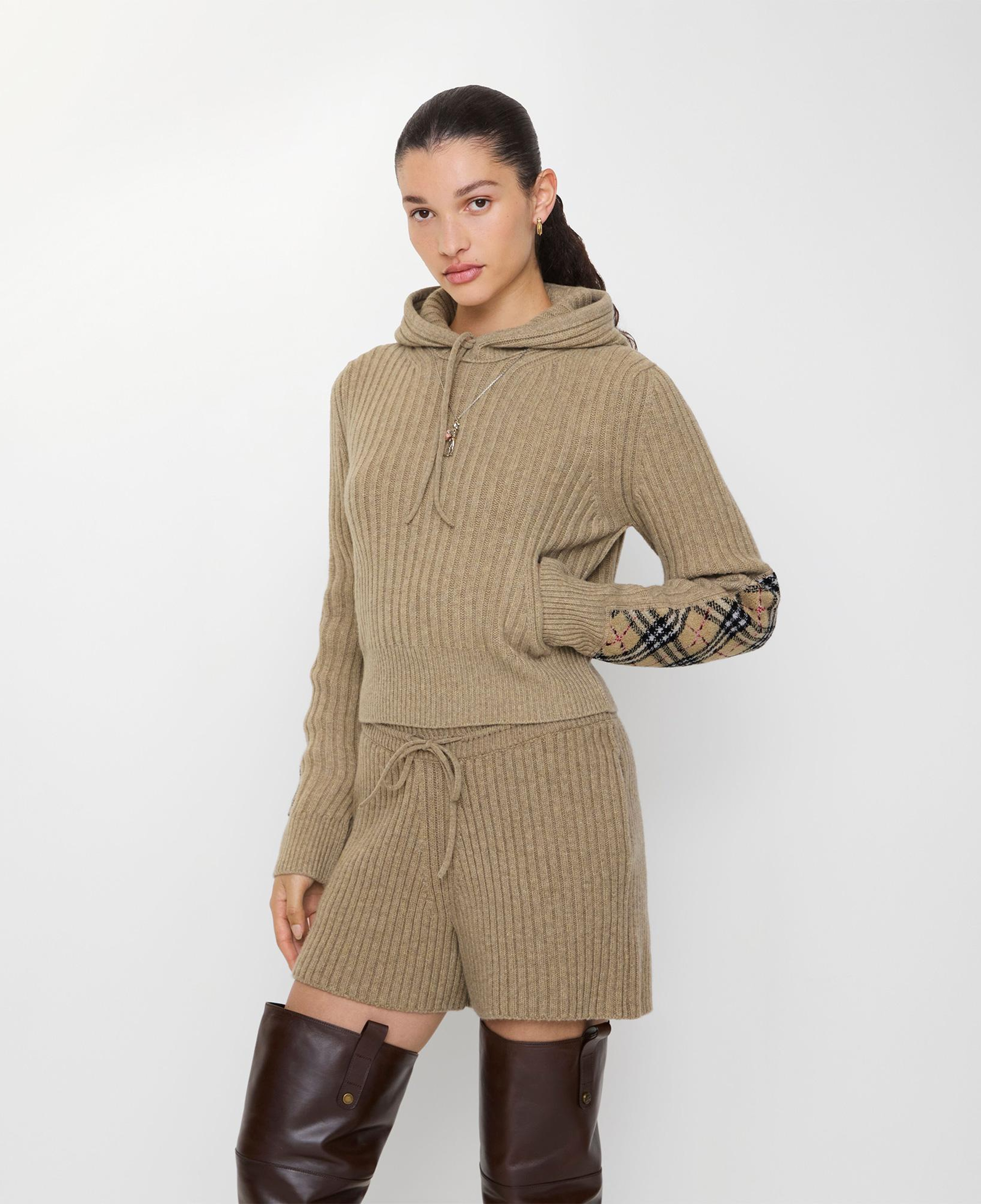 Burberry Check Patch Wool Cashmere Kadın Kahverengi Hoodie