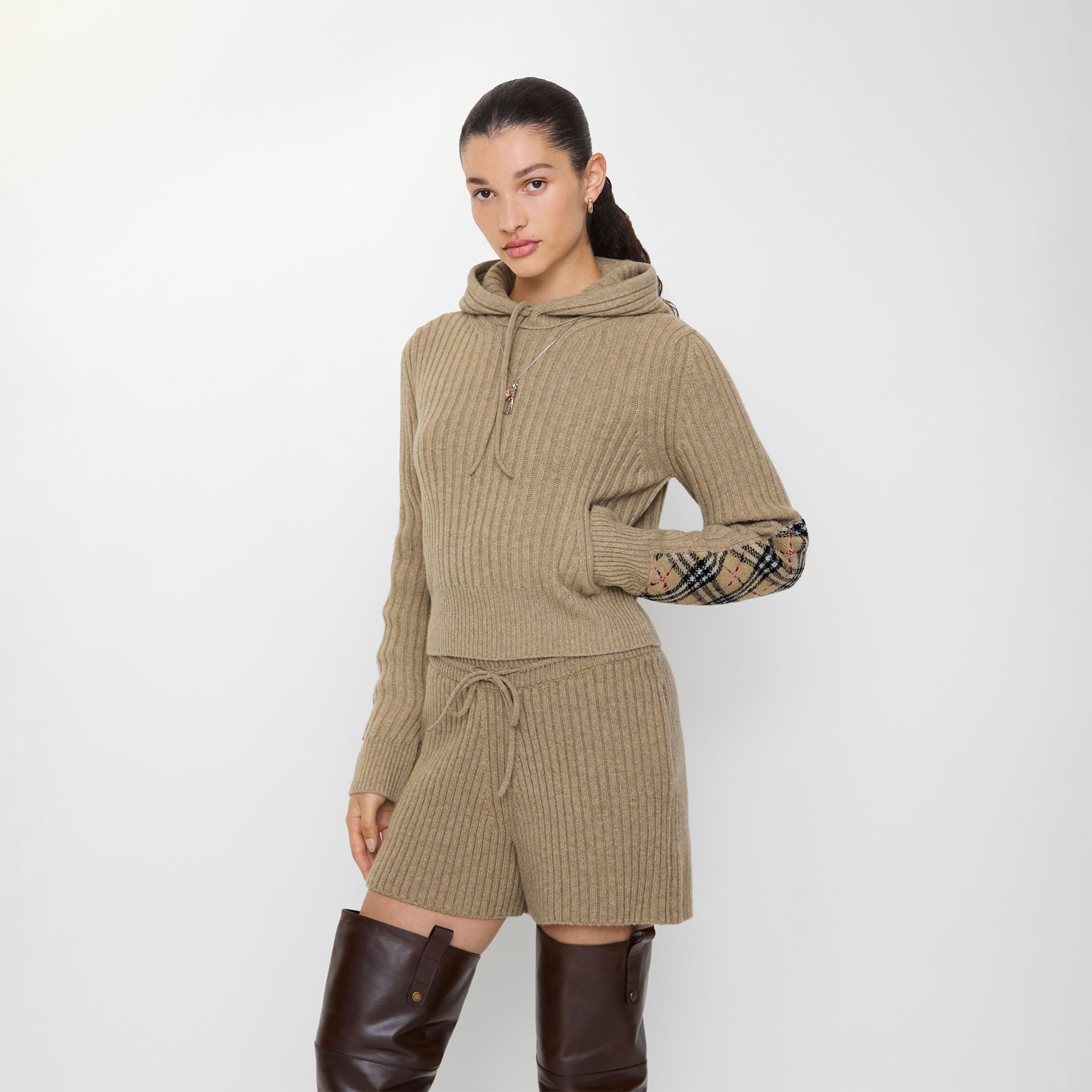 Burberry Check Patch Wool Cashmere Kadın Kahverengi Hoodie