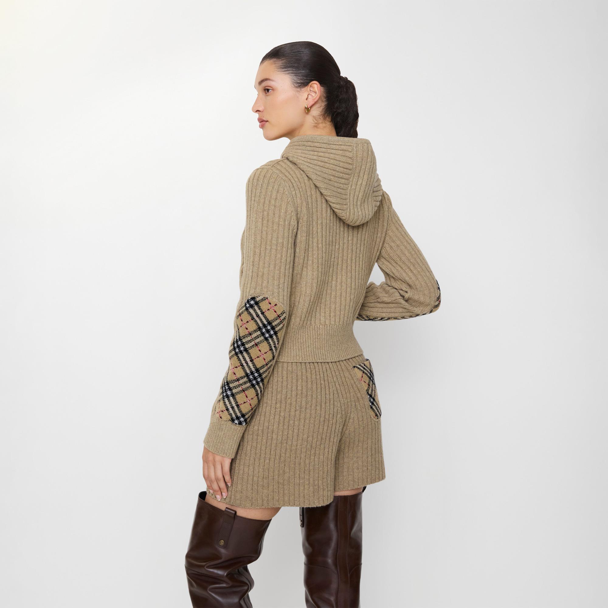 Burberry Check Patch Wool Cashmere Kadın Kahverengi Hoodie