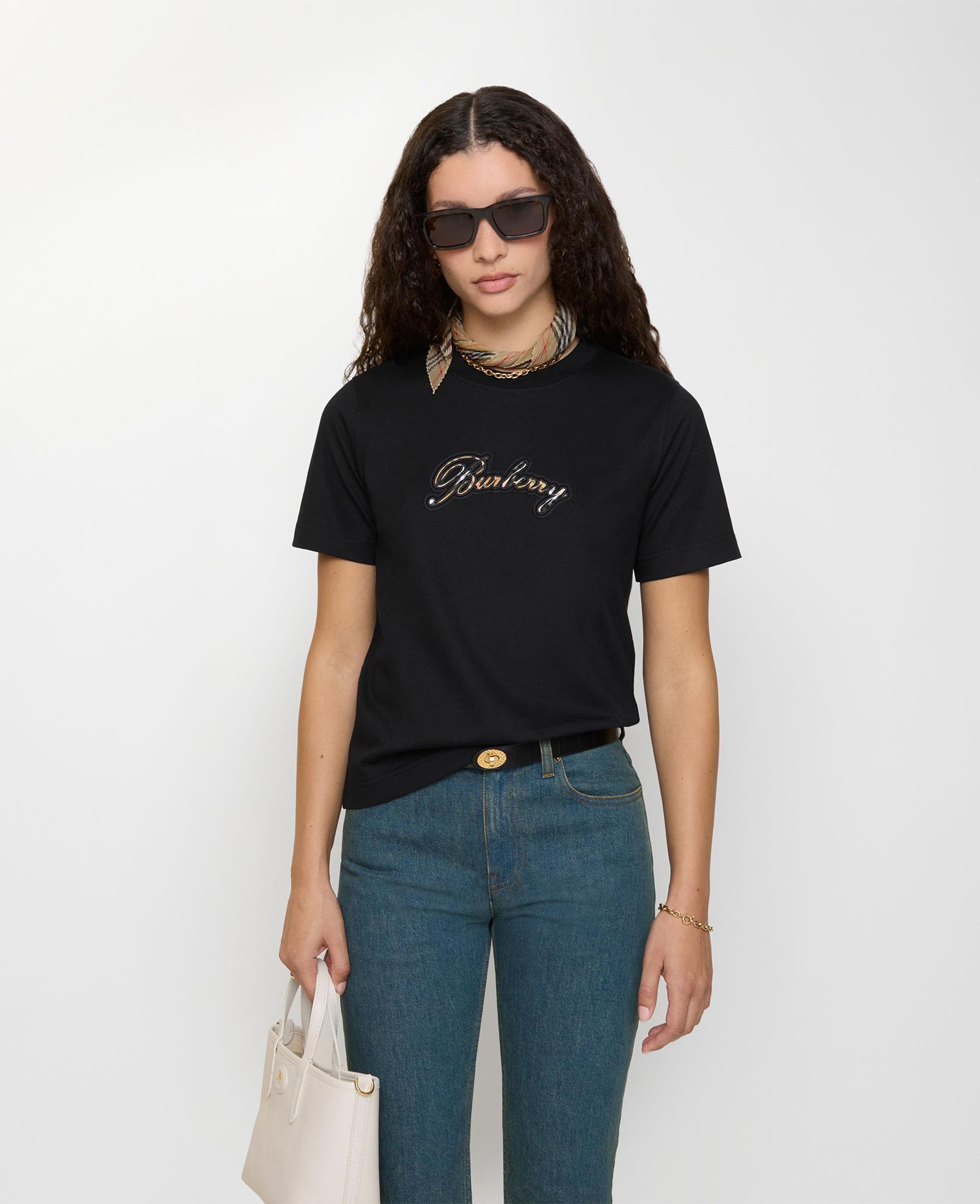 Burberry Check Cursive Logo Cotton Kadın Siyah T-Shirt