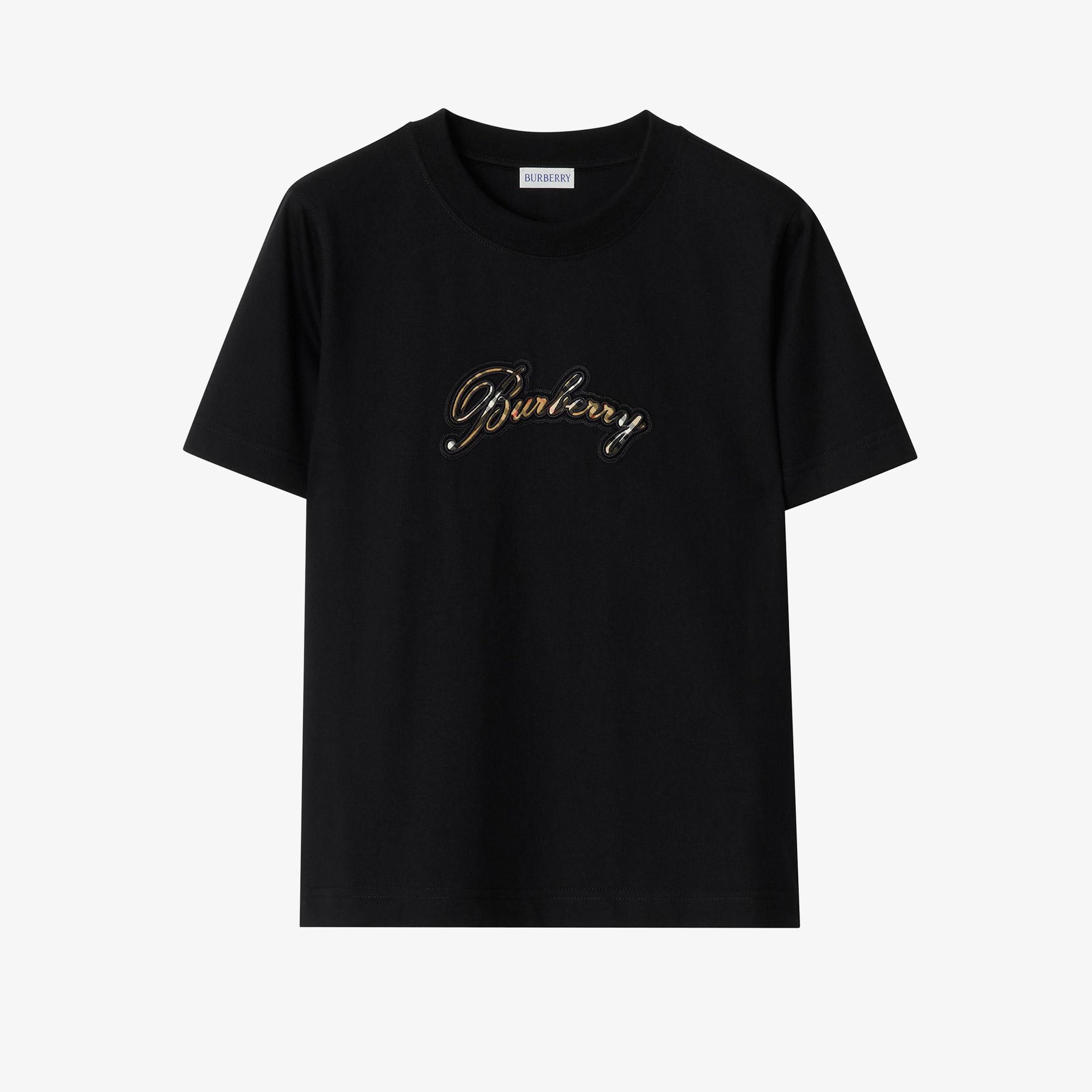 Burberry Check Cursive Logo Cotton Kadın Siyah T-Shirt