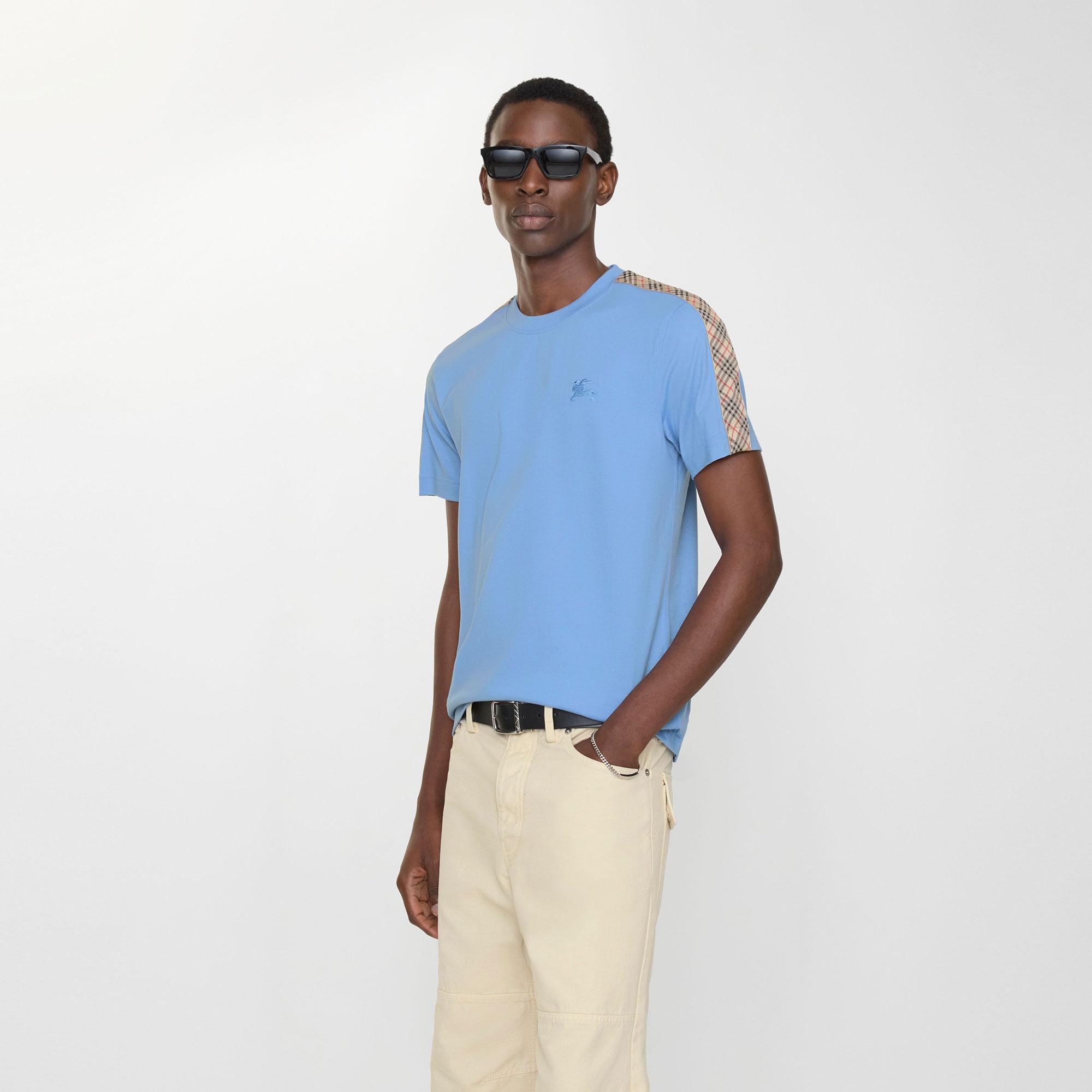 Burberry Check Trim Cotton Erkek Mavi T-Shirt