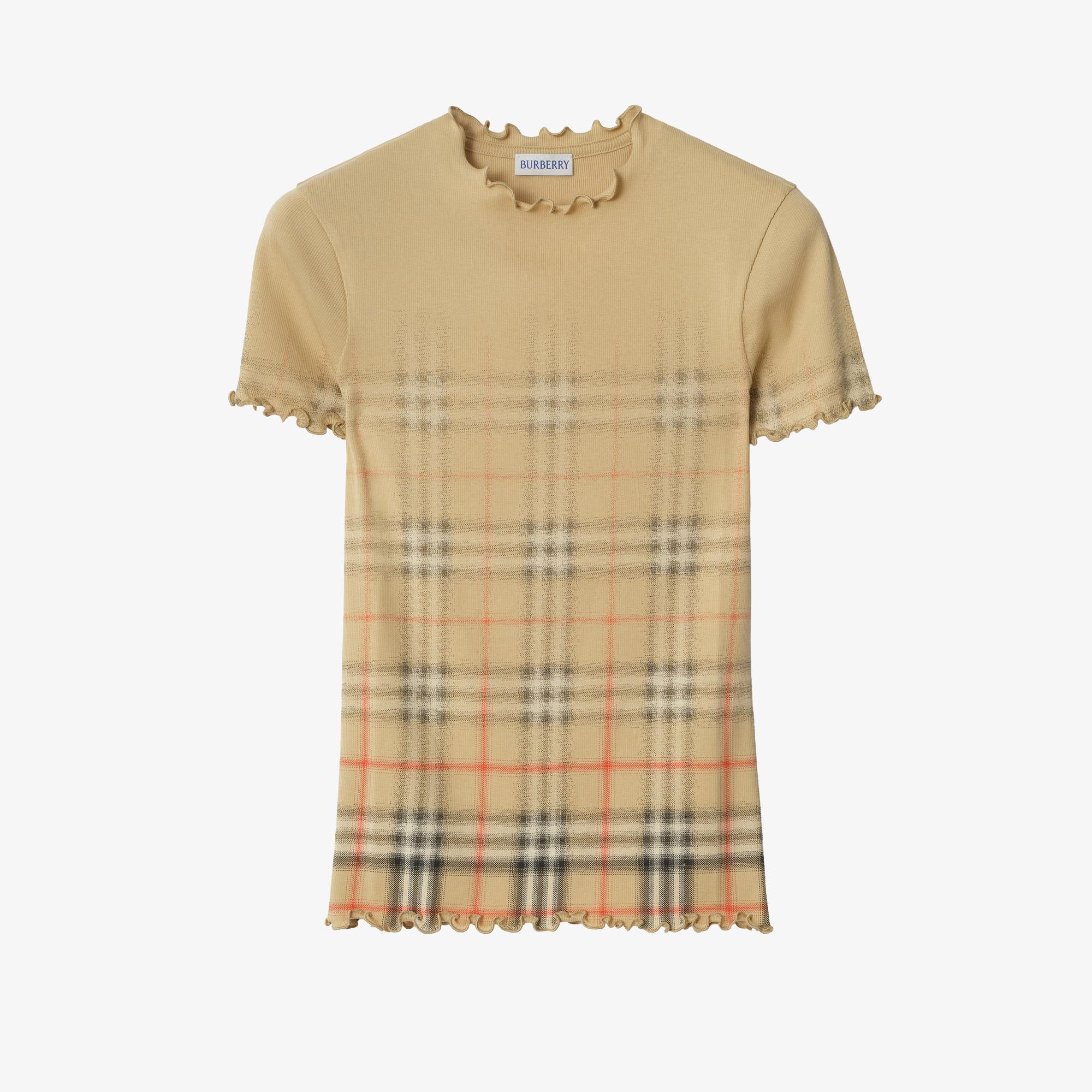 Burberry Gradient Check Stretch Cotton Kadın Bej T-Shirt