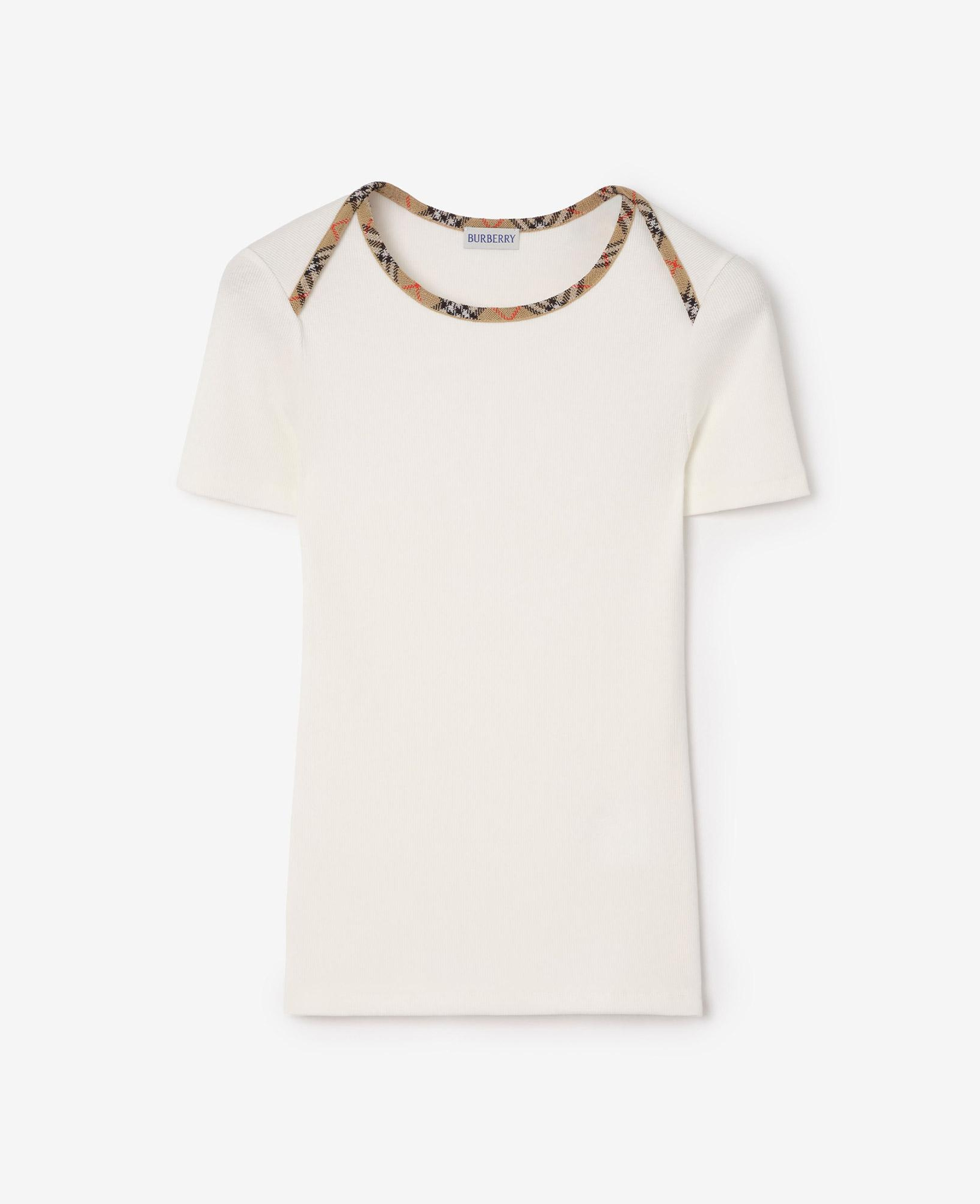 Burberry Check Trim Stretch Cotton Kadın Beyaz T-Shirt