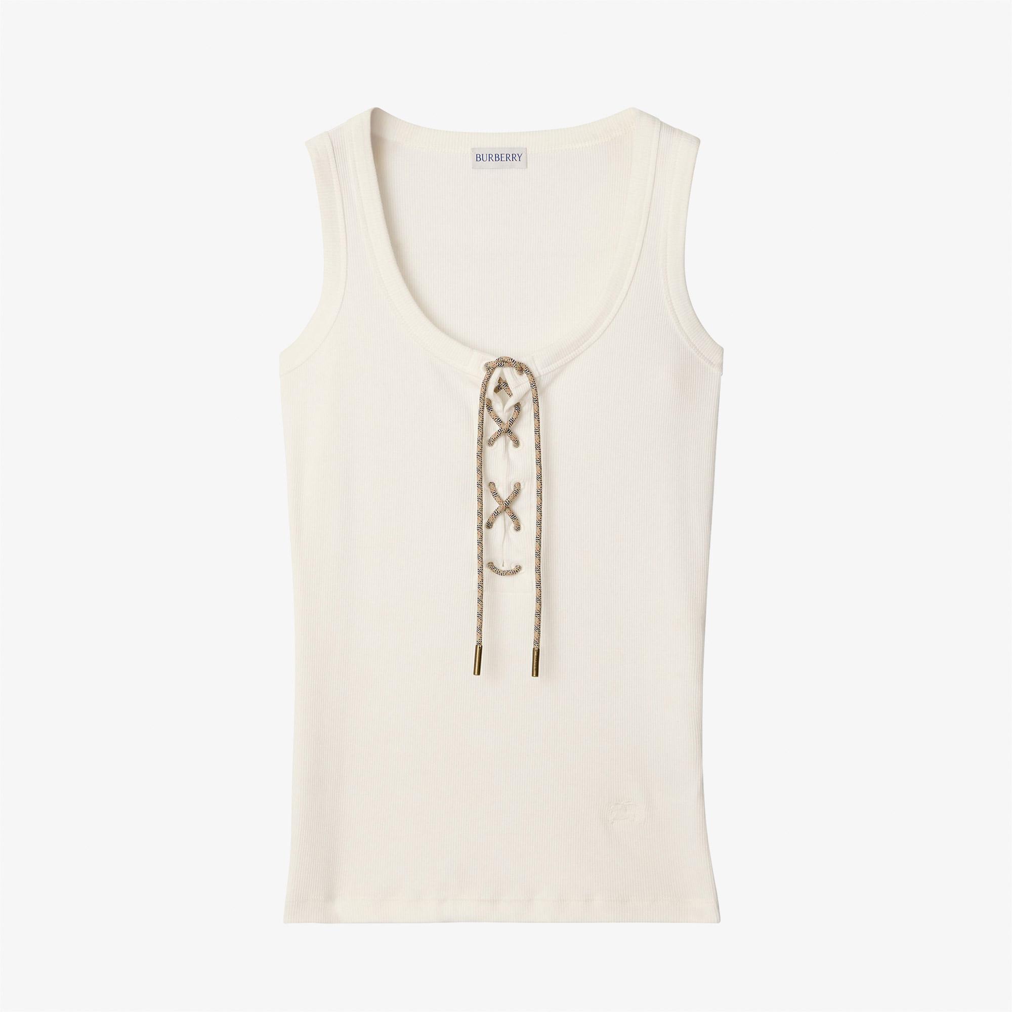 Burberry Check Trim Cotton Blend Tank Kadın Beyaz T-Shirt