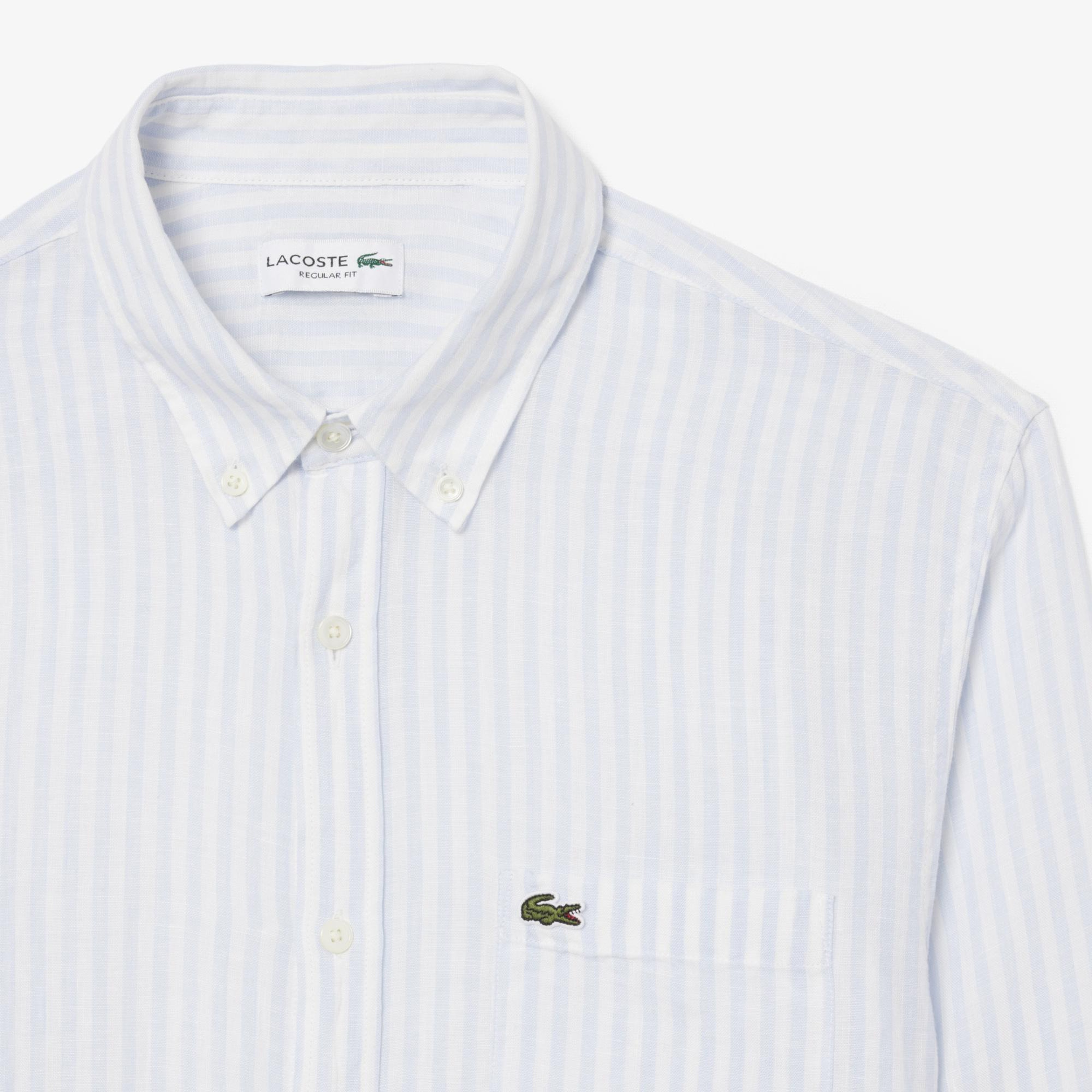 Lacoste Erkek Regular Fit Düğmeli Yaka Çizgili Mavi Gömlek